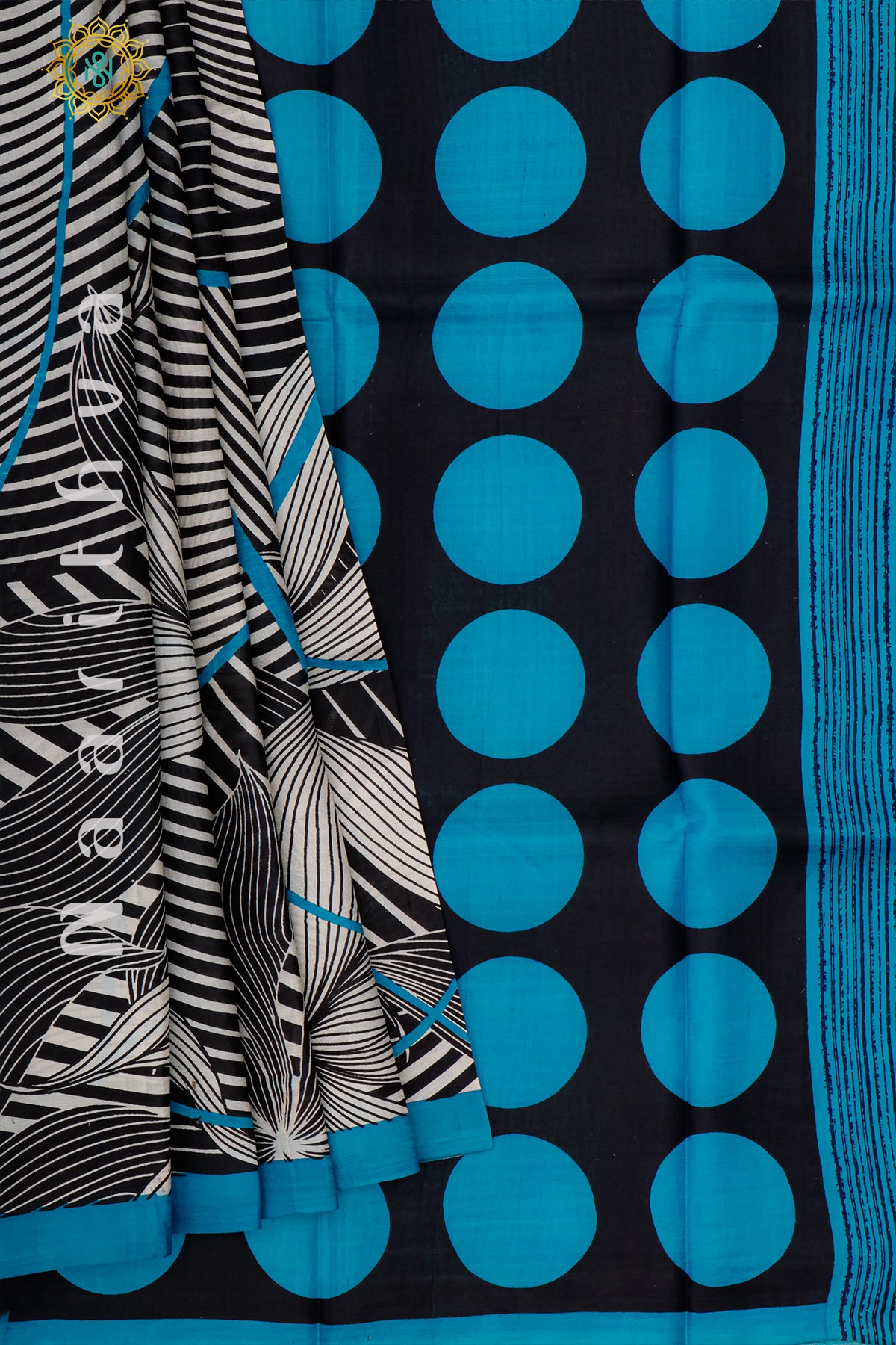 BLACK WITH SKY BLUE - PURE MULBERRY SILK WITH DIGITAL PRINT