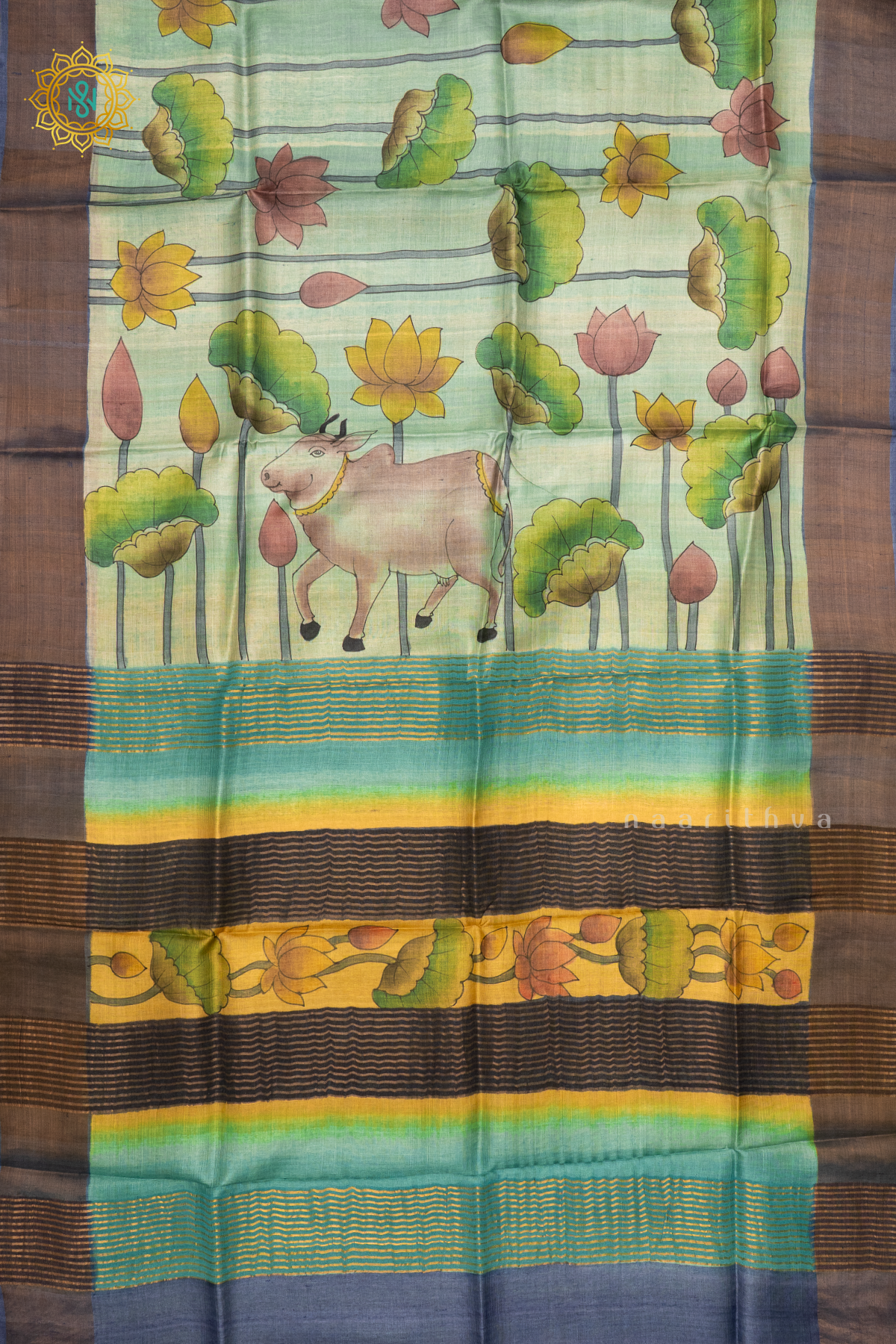 AQUA BLUE WITH GREEN - PURE TUSSAR SILK