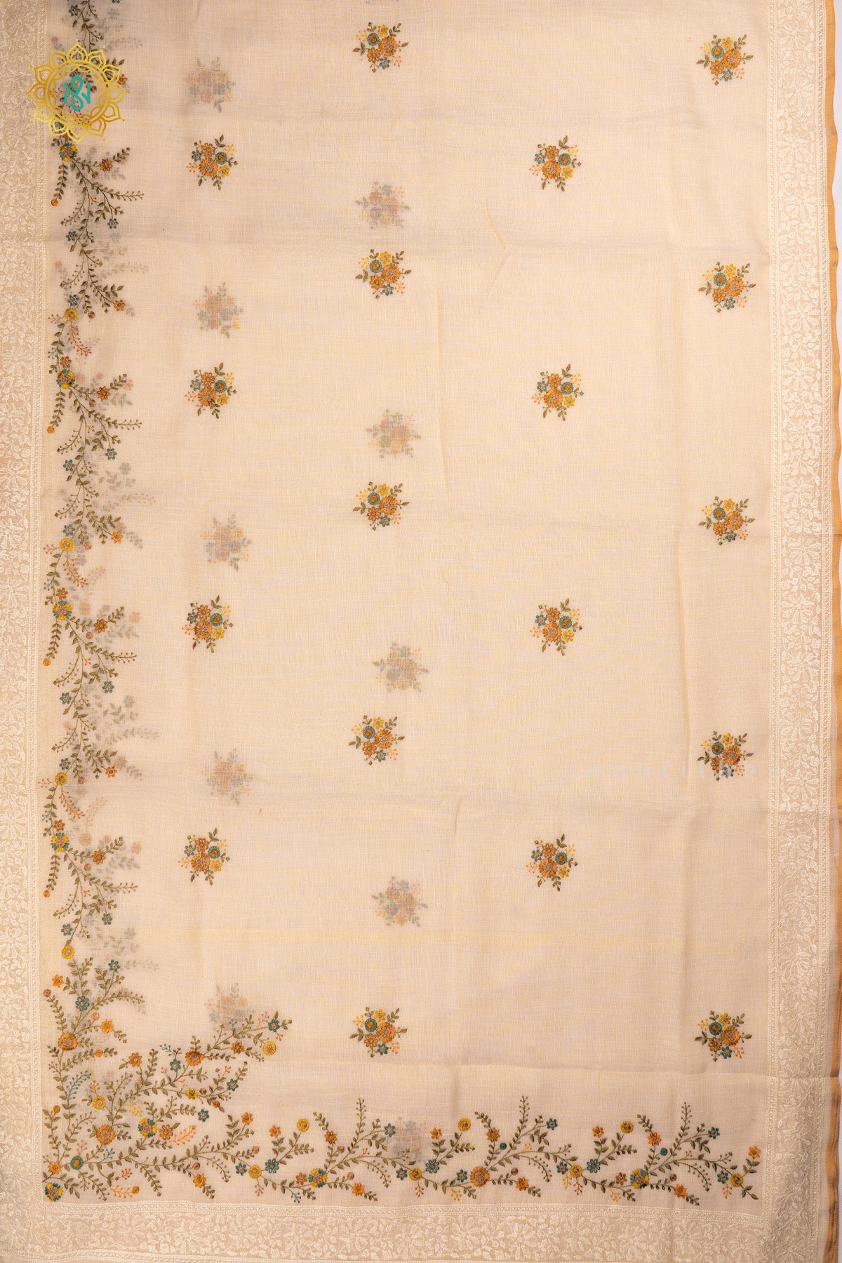 Off white Linen Tissue Saree with All-Over Embroidered Buttas on the Body, Featuring an Embroidery Border and Pallu