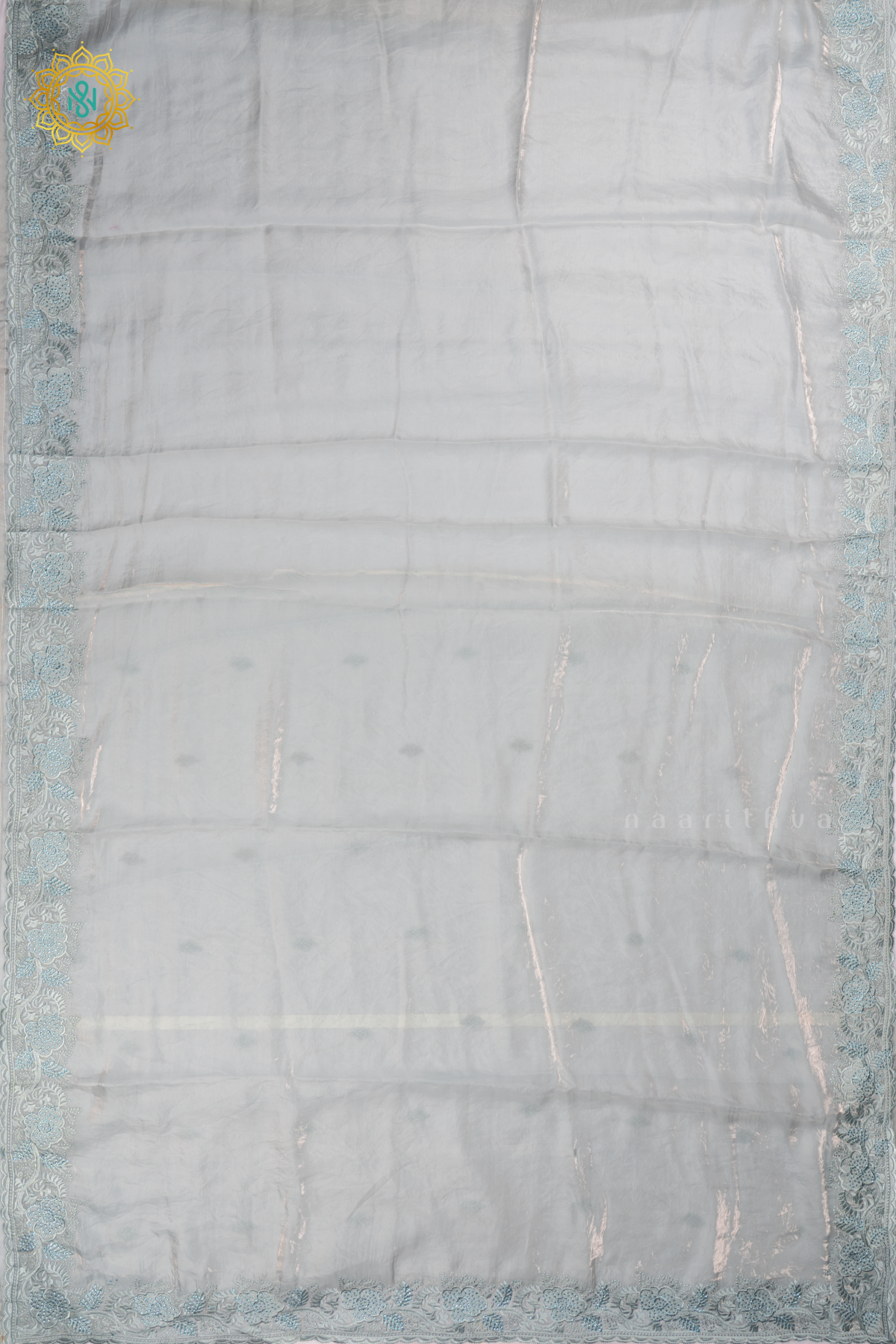 Light Blue - Tissue Organza Saree with Allover Plain Body with Thread Work and Stone work border