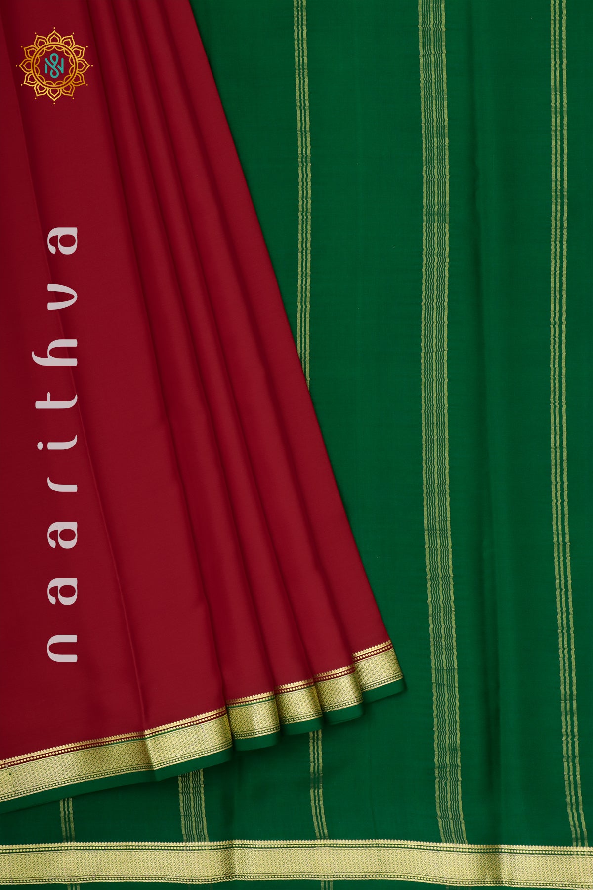 RED WITH GREEN - PURE MYSORE CREPE SILK