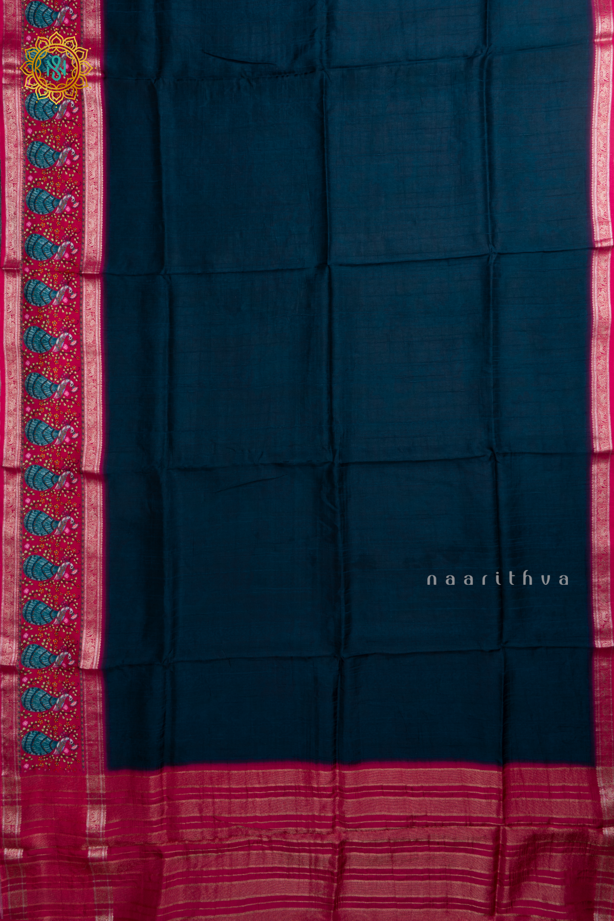Blue With Pink Printed Semi Crepe Silk With Contrast Border, Pallu