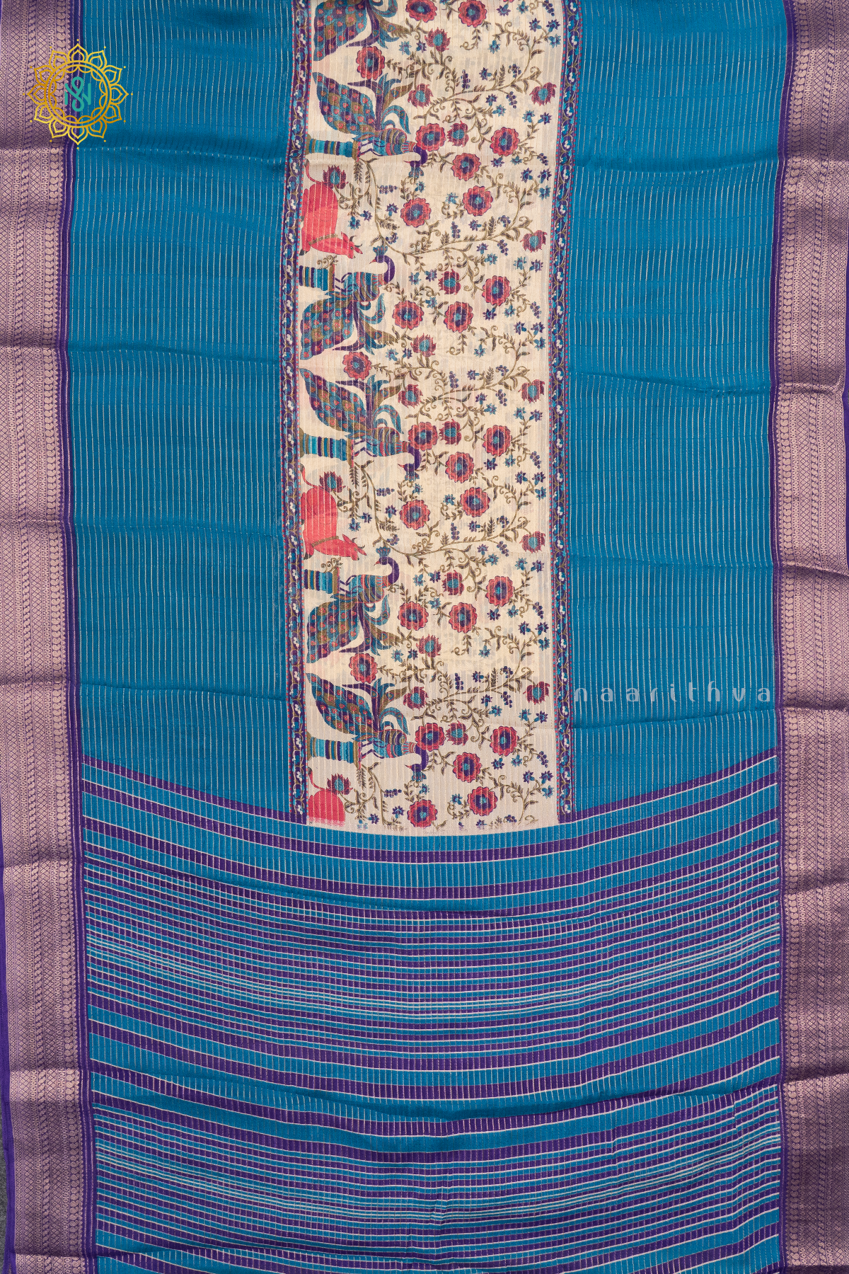 OFF WHITE WITH SKY BLUE & PURPLE - SEMI GEORGETTE