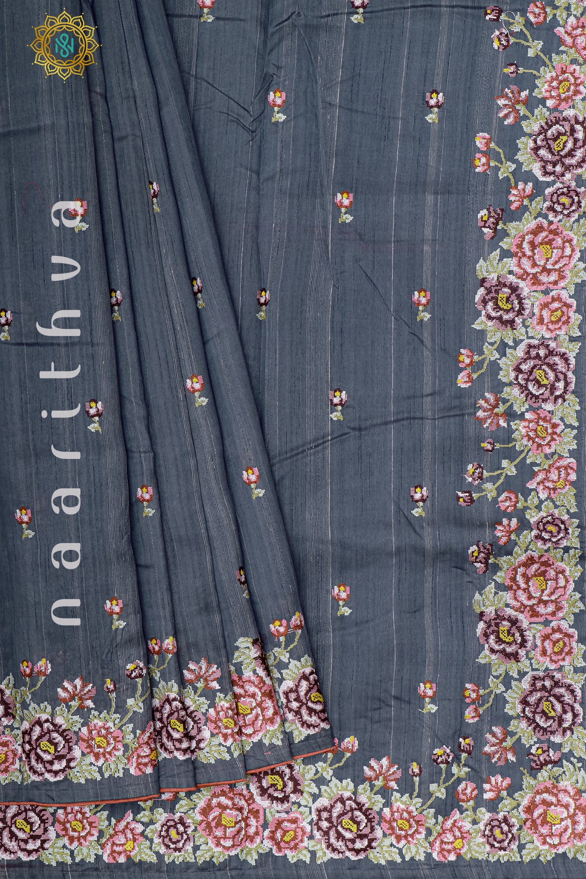 GREY - SEMI TUSSAR SILK WITH EMBROIDERY