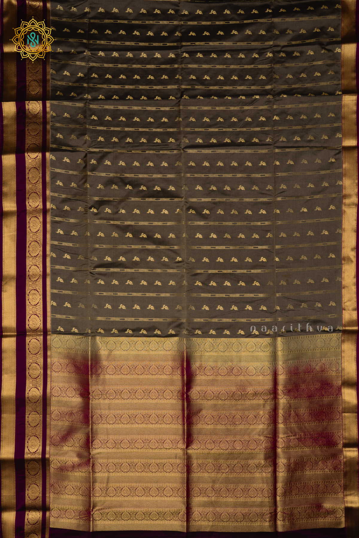 DUAL SHADE OF GREEN WITH WINE - SEMI KANCHI SAREE ALLOVER ZARI BUTTAS AND CONTRAST GAP BORDER