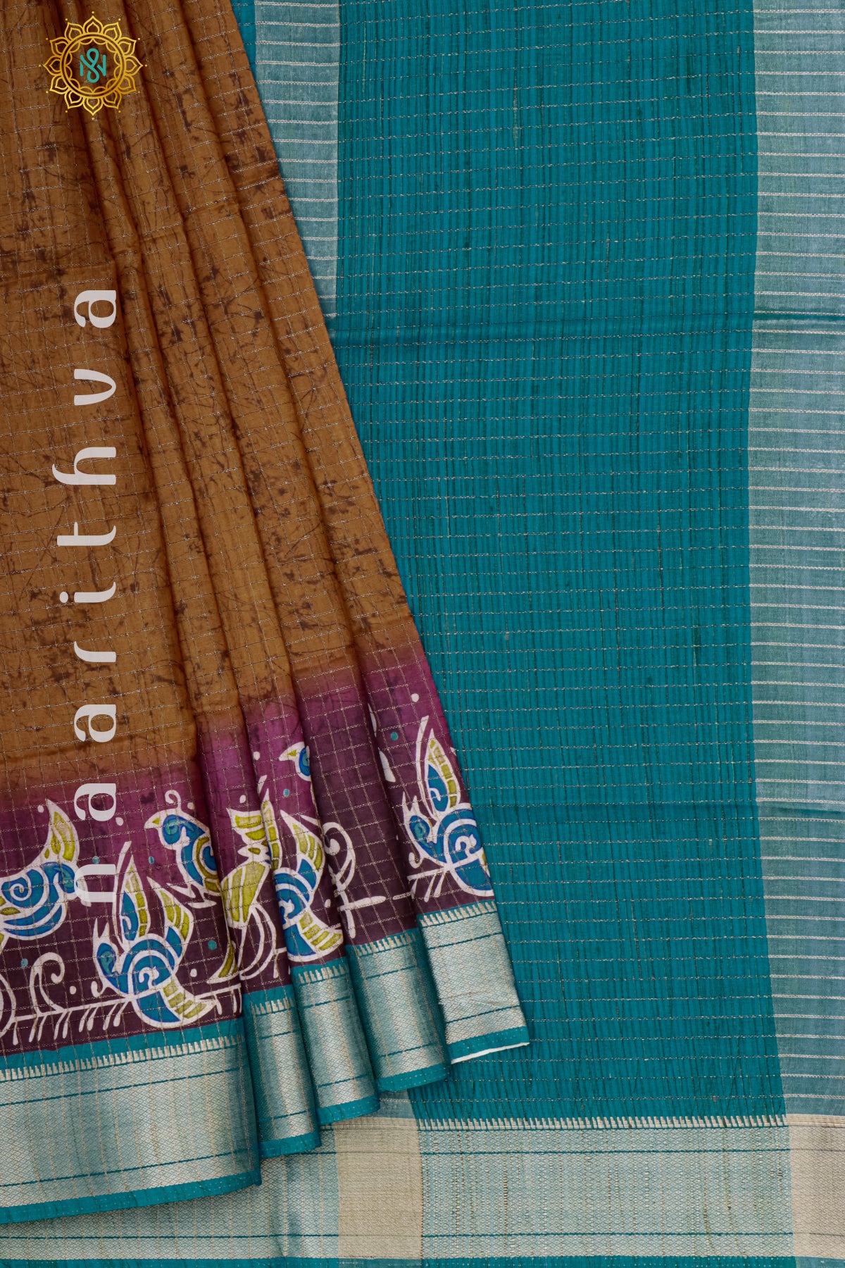 BROWN WITH SKY BLUE - SEMI TUSSAR SILK