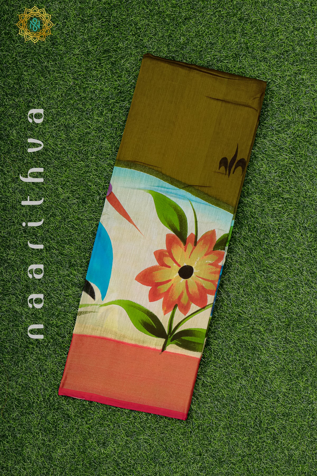 OLIVE GREEN WITH RED - CHANDERI SILK WITH HAND PAINTED