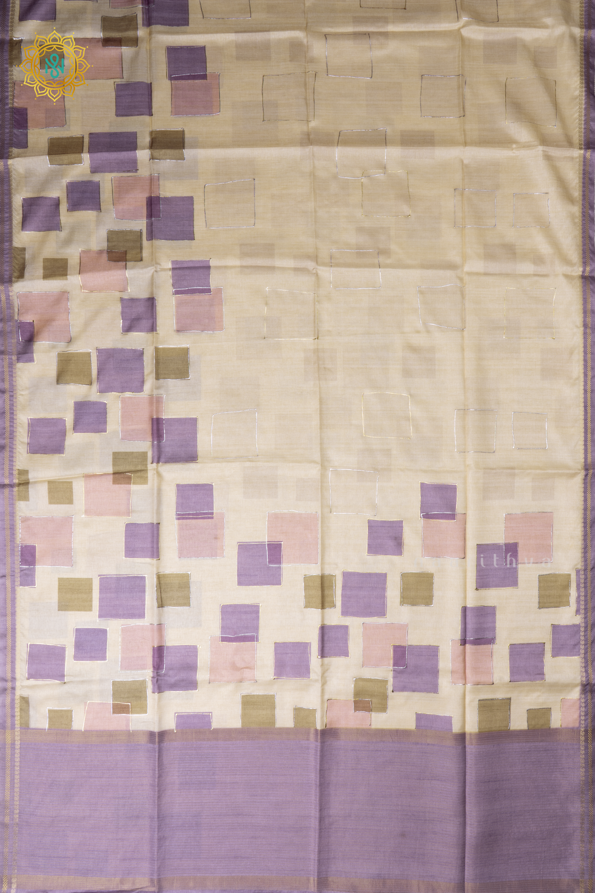Off White With Lavender Semi Tussar Silk Saree With Allover Geometrical Prints On The Body With Contrast Pallu