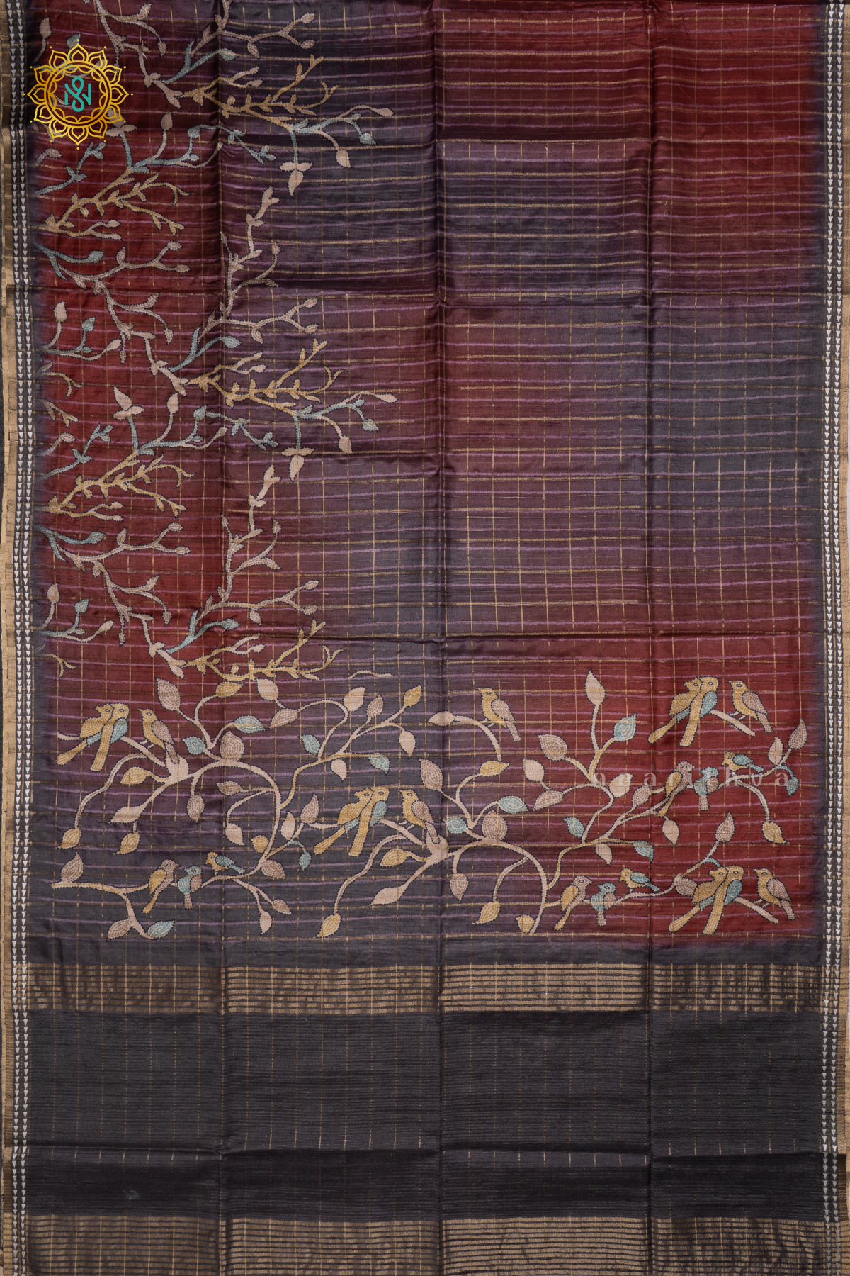 GREY - KOTHA TUSSAR SAREE WITH PRINTED AND ZARI CHECKS BODY, THREAD WOVEN BORDER