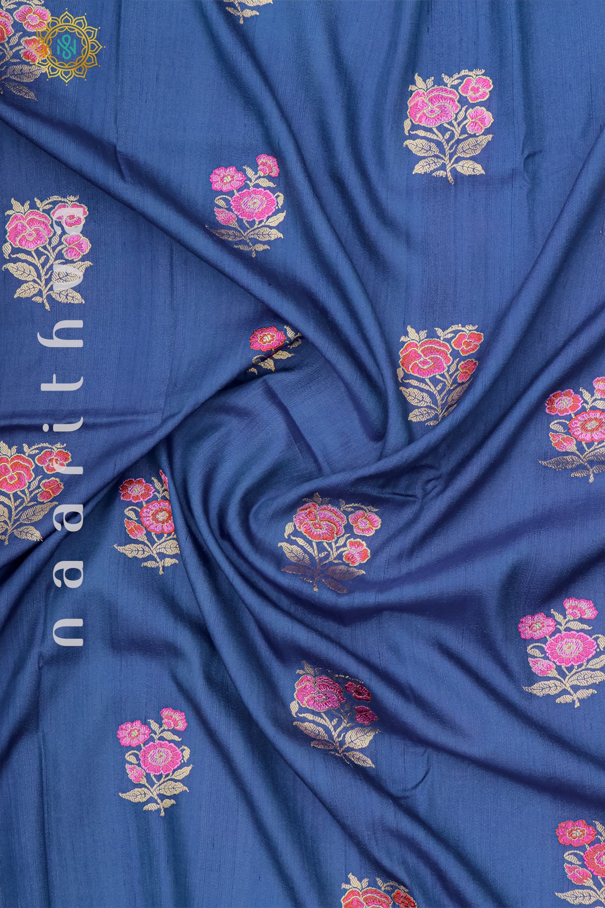 BLUE WITH BEIGE & PINK - PURE HAND PAINTED TUSSAR GEORGETTE