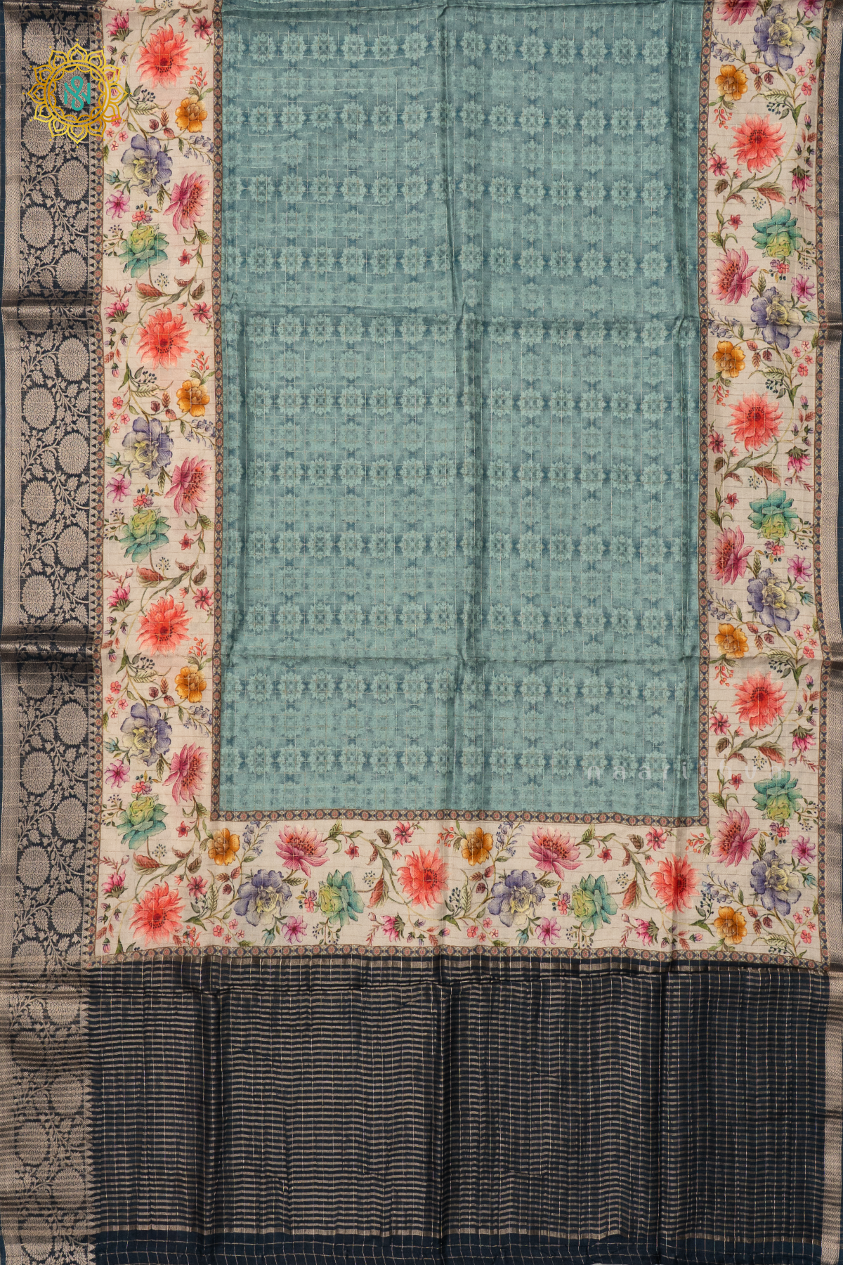 AQUA BLUE WITH PEACOCK BLUE  - SEMI CREPE SILK