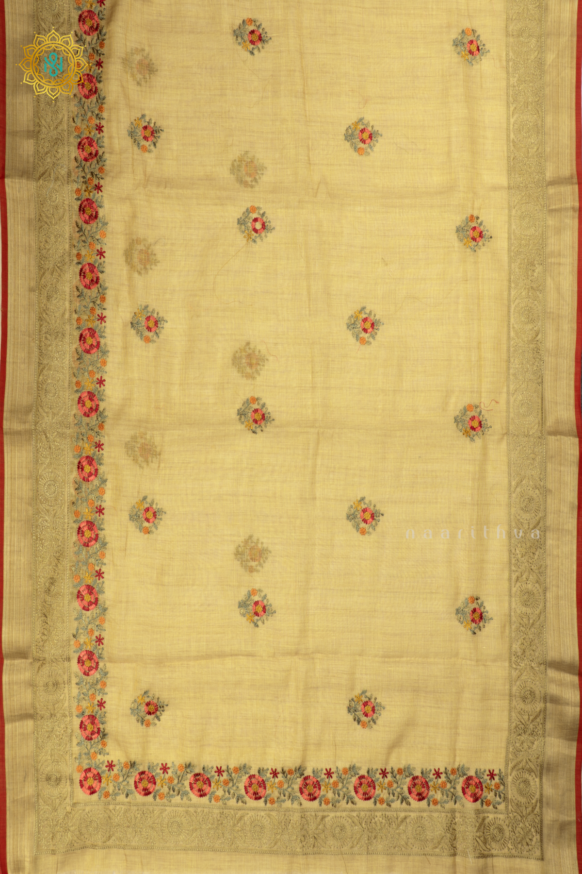 Yellow - Linen Tissue Saree Allover Thread Work Buttas with Tissue Border