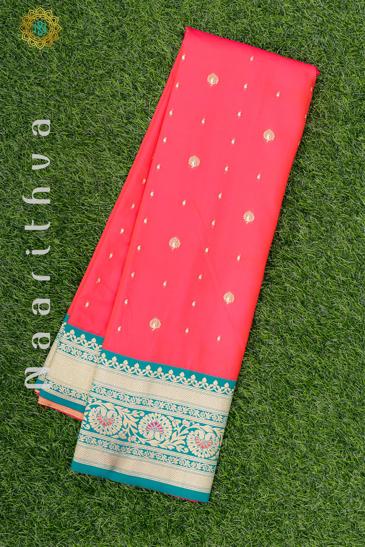 PINKISH ORANGE WITH CYAN GREEN - SEMI KANCHI