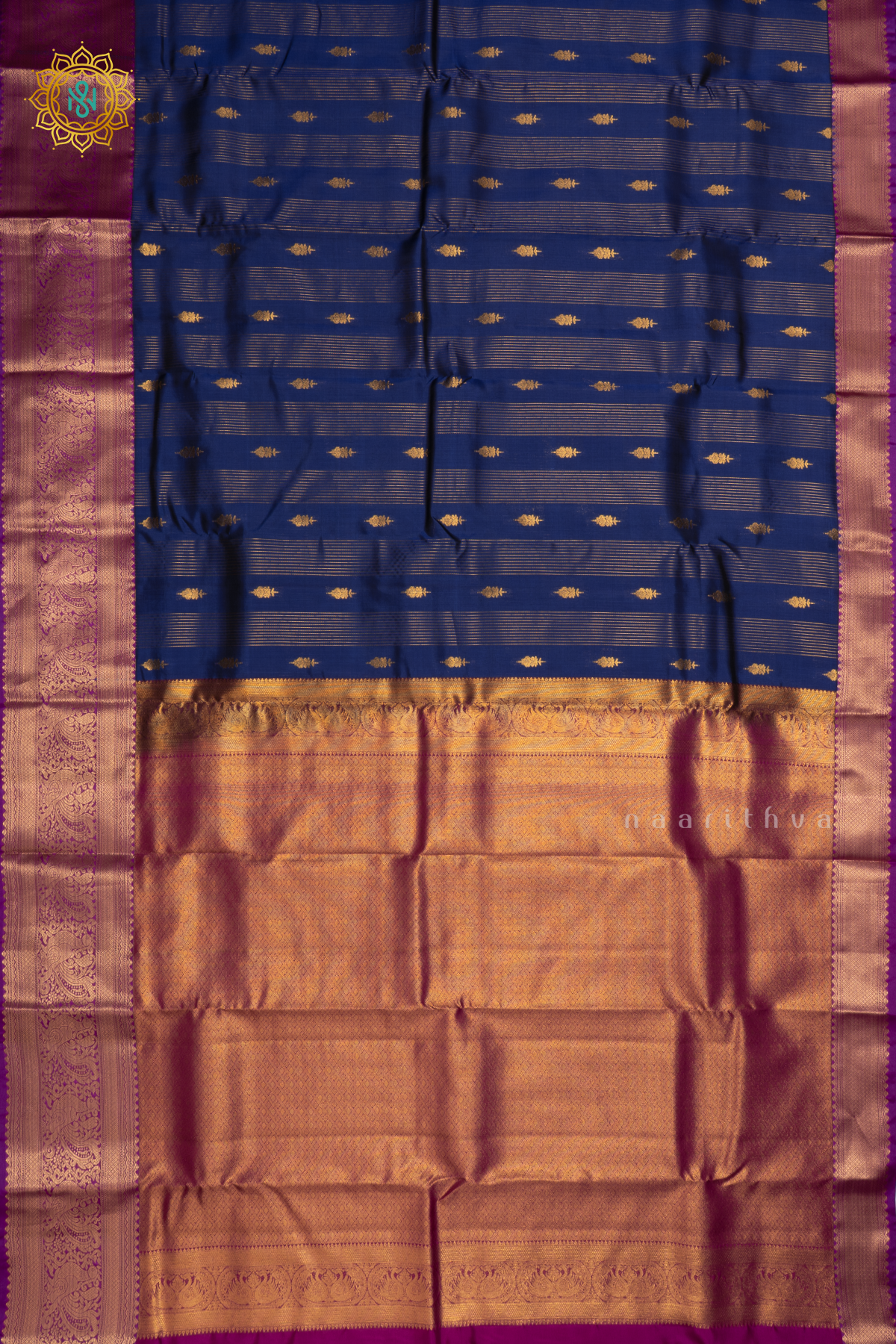 Blue With Magenta Pure Mix Kanjivaram Silk Saree with Zari Woven Stripes, Buttas and Zari Woven Contrast Border
