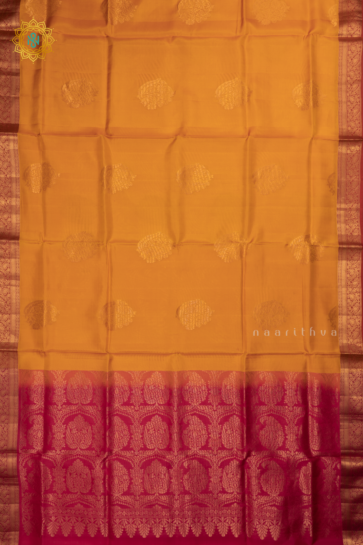 Yellow with Pink Pure Mix Kanjivaram Soft Silk Saree with All-Over Zari Buttas and a Contrast Zari Border