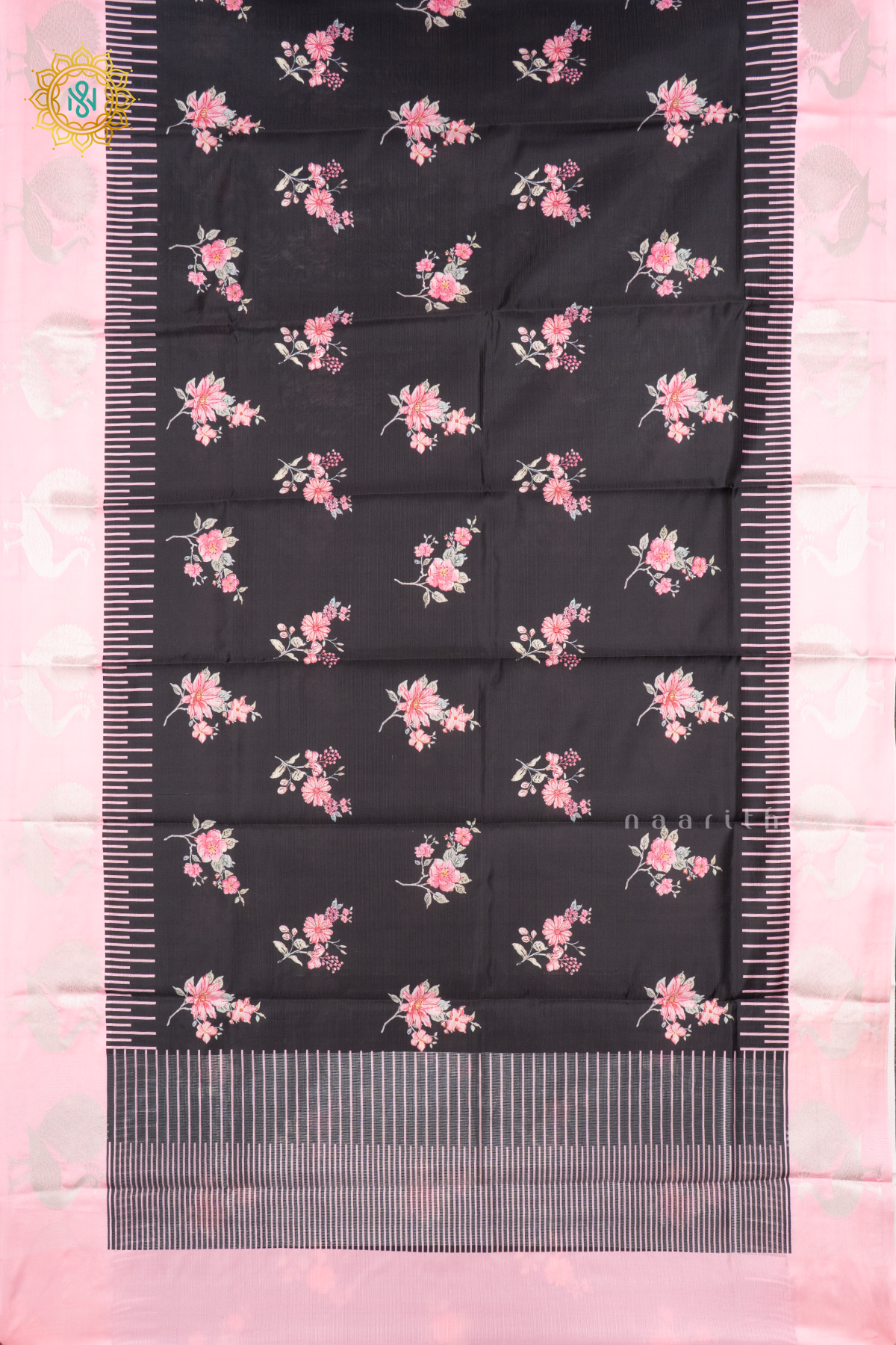 BLACK WITH PEACH - SEMI CREPE SILK