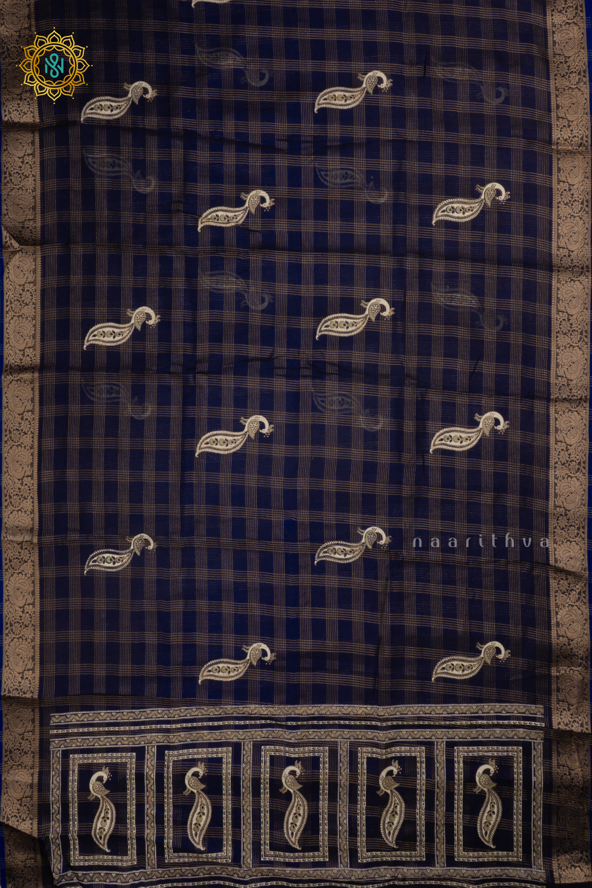 NAVY BLUE - SEMI GERORGETTE ZARI CHECKS BODY WITH PRINTED BUTTAS AND ZARI BORDER