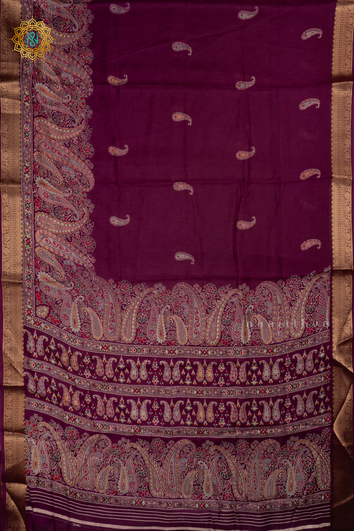 Wine - Semi Georgette Saree Printed Body With Zari Border