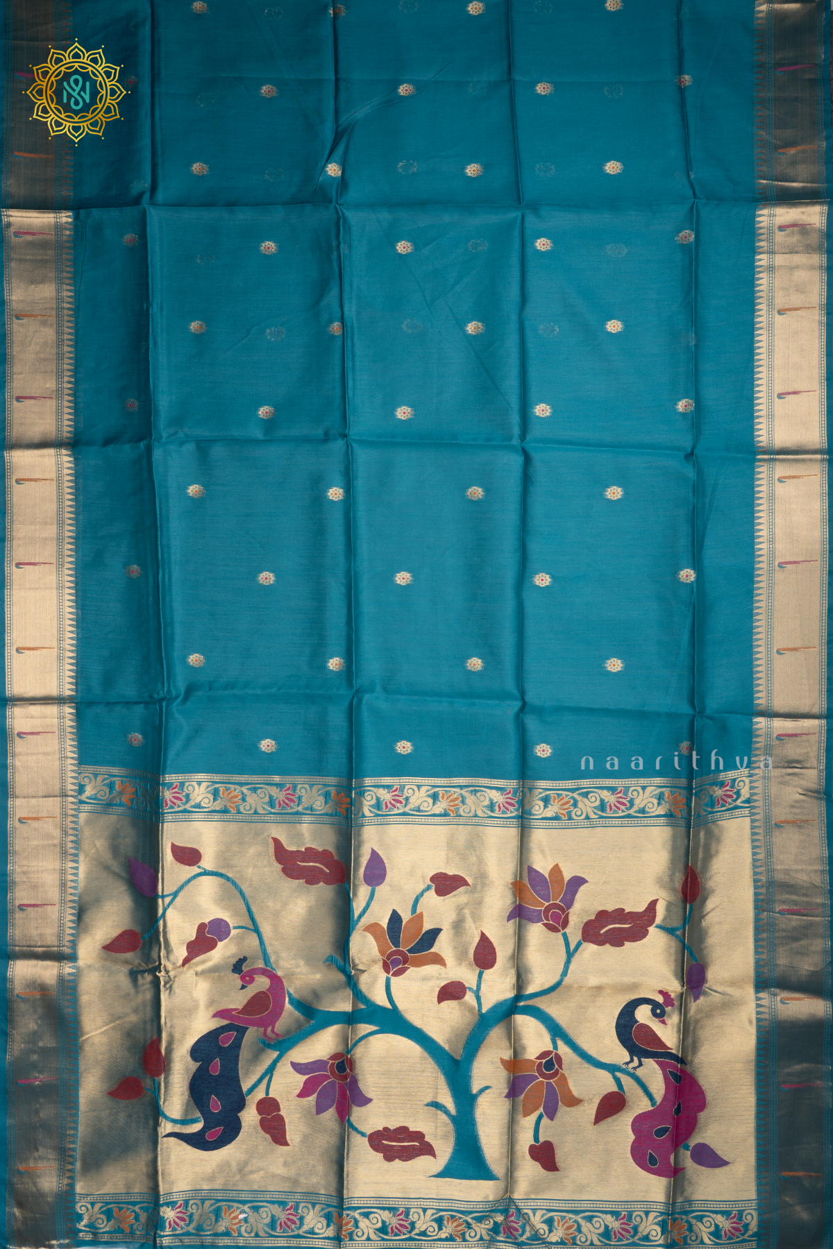 Teal Blue Semi Tussar Silk Saree Zari Buttas On The Body With Paithani Border & Pallu