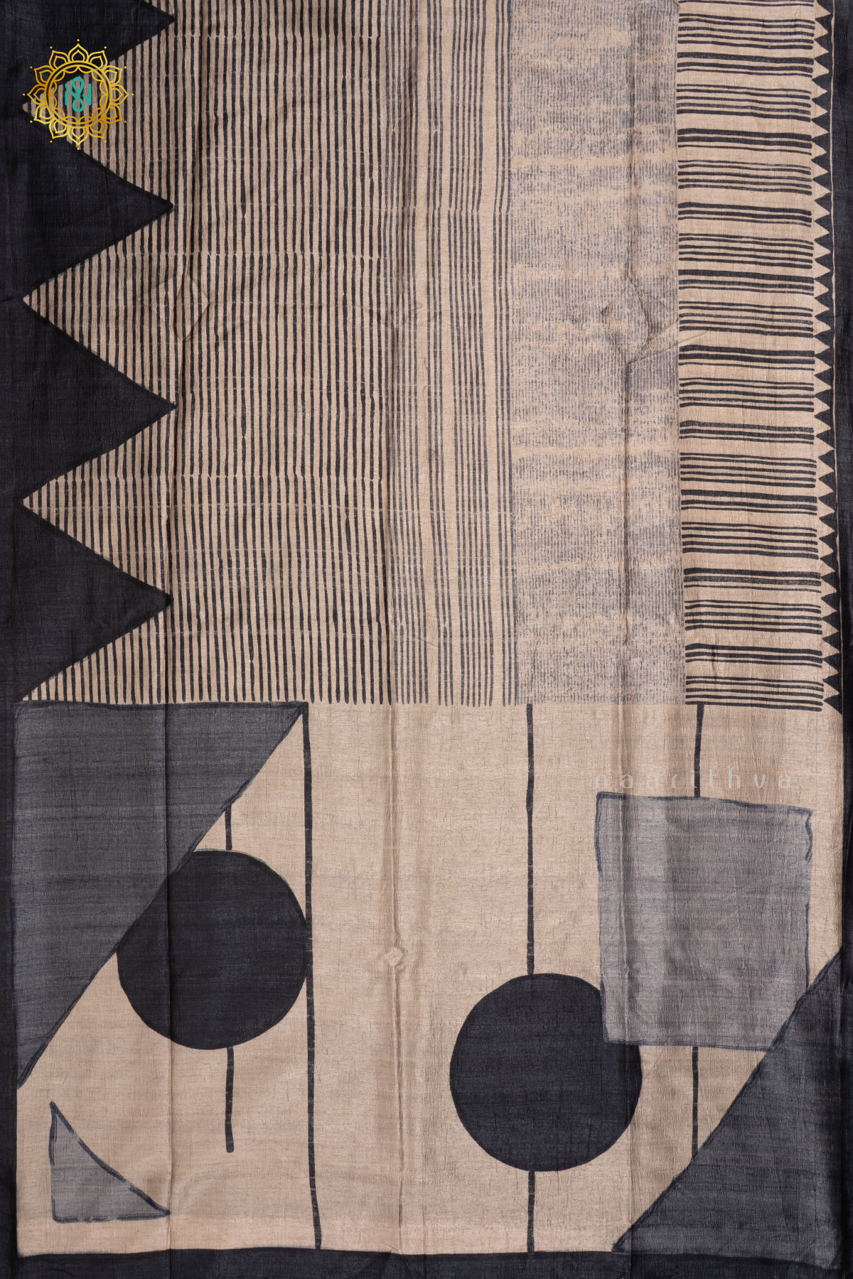 Off White with Black - Semi Gicha Tussar Silk Saree with Allover Printed Body, Pallu and Blouse