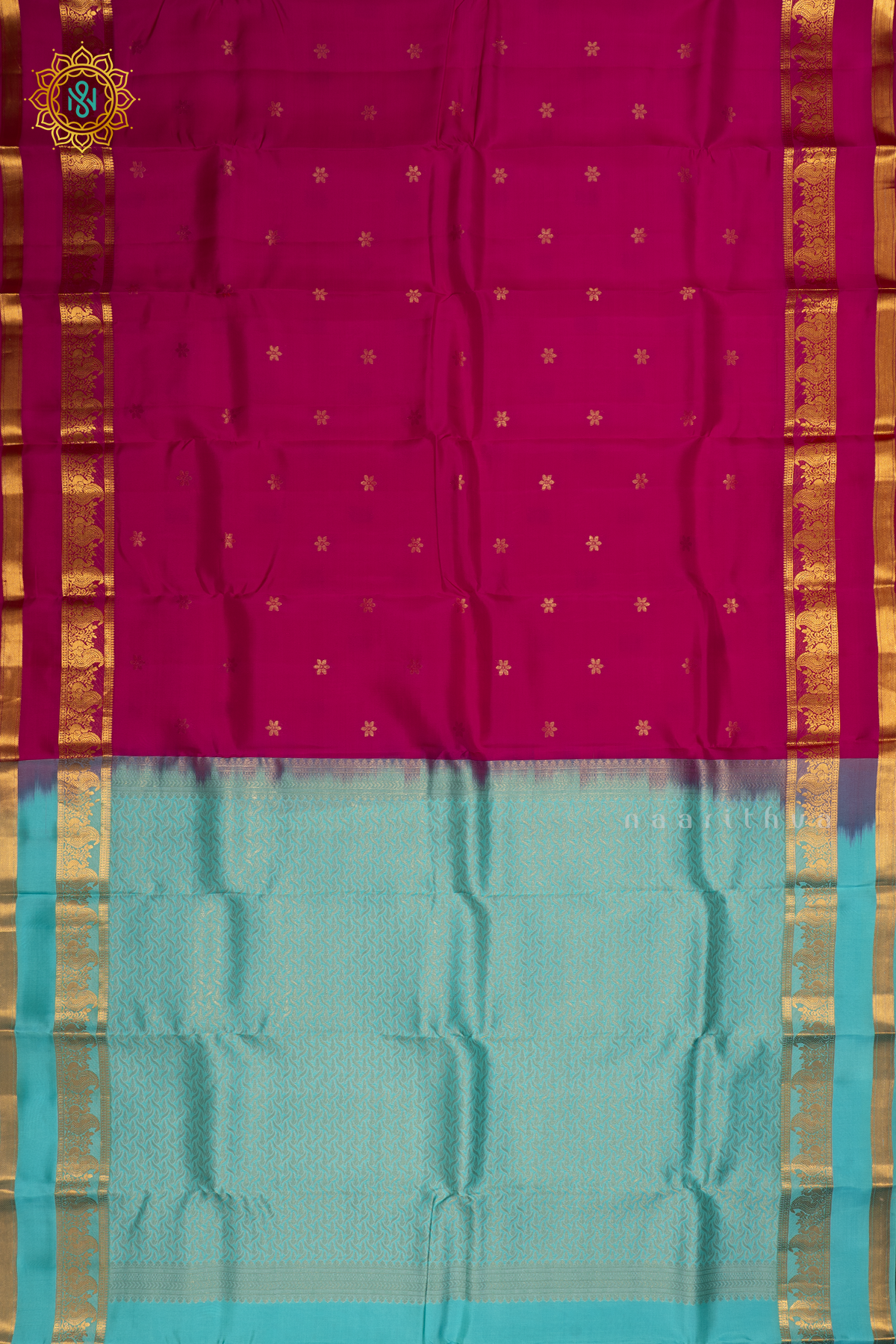 Rani Pink with Sky Blue Pure Mix Kanjivaram Silk Saree with Zari Woven Buttas and Zari Woven Gap Border With Contrast Pallu & Blouse