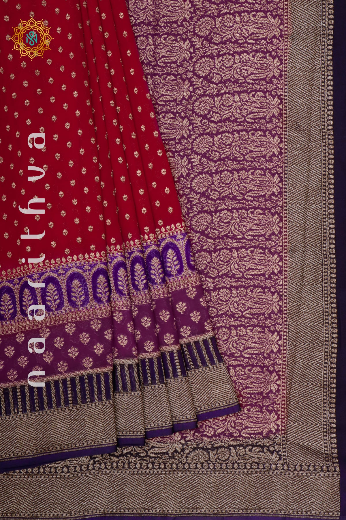 RED WITH PURPLE, PINK & NAVY BLUE - PURE HANDLOOM KHADDI GEORGETTE BANARAS