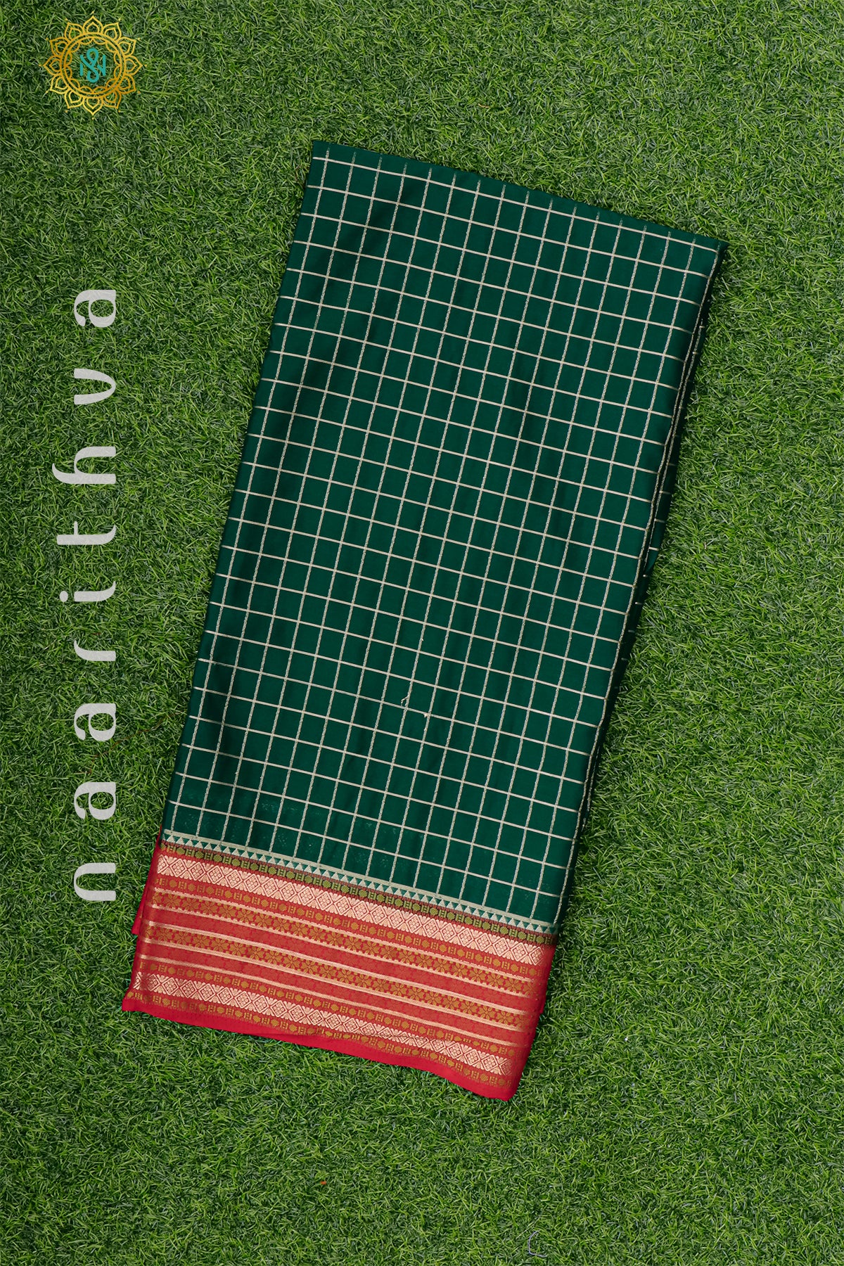 BOTTLE GREEN WITH RED - SEMI MYSORE CREPE SILK