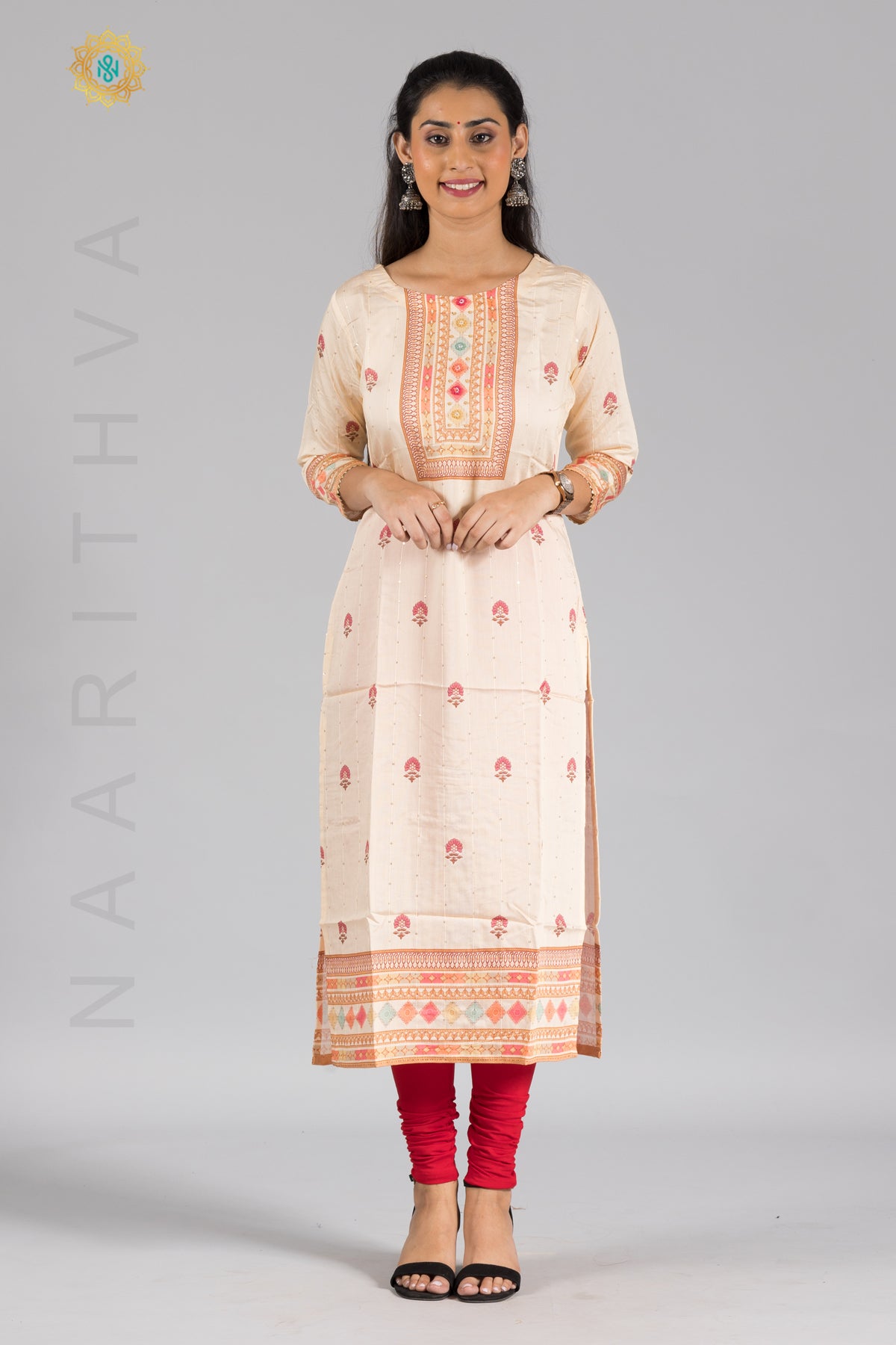 CREAM - CASUAL KURTI WITH NECK EMBROIDERY