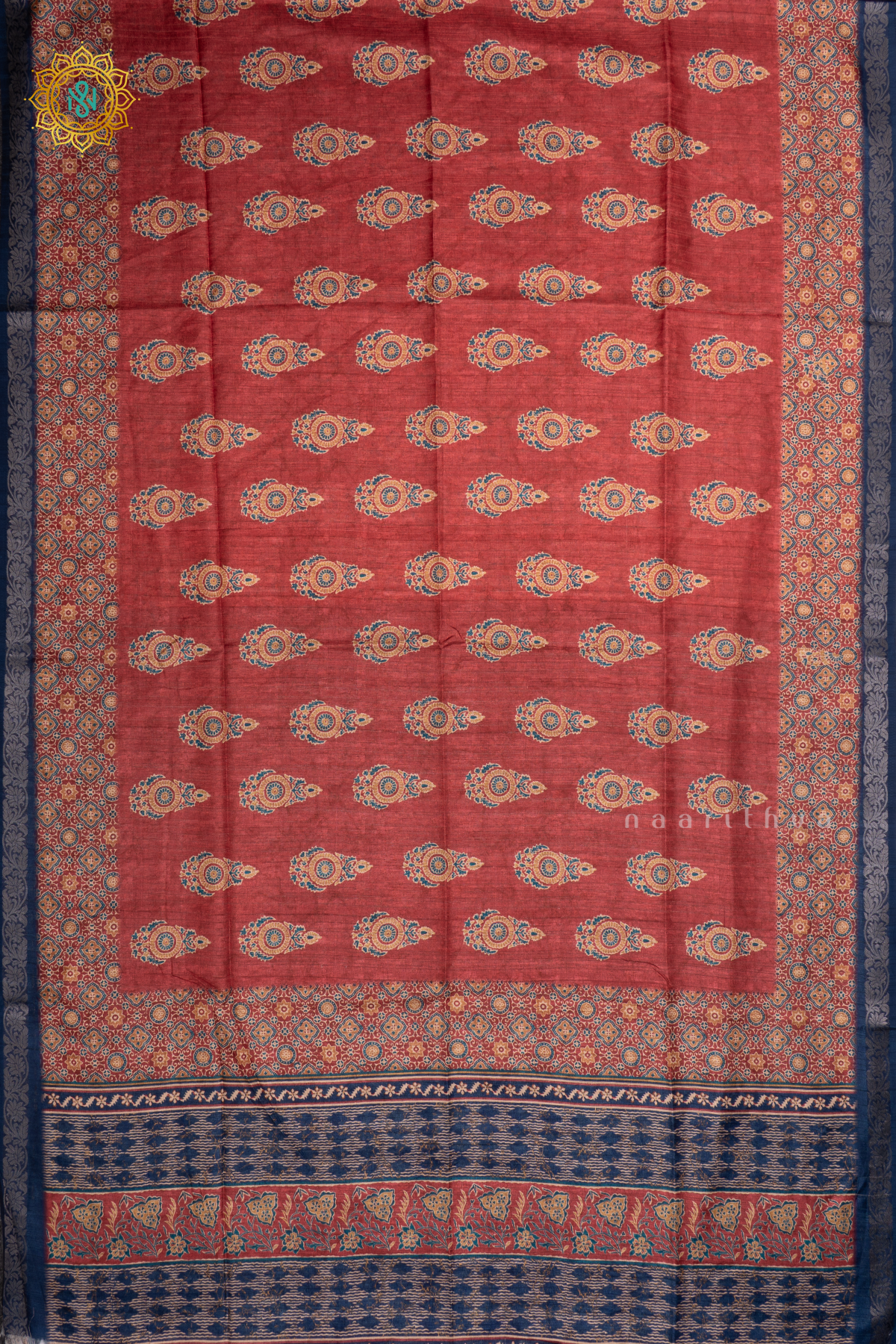 RED WITH BLUE - SEMI TUSSAR SILK SAREE PRINTED BODY WITH CONTRAST BORDER