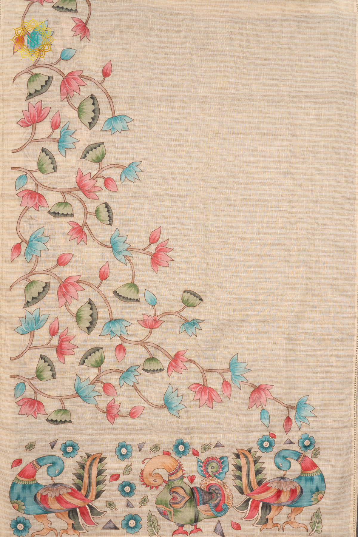 OFF WHITE LIGHT PEACHISH PINK - LINEN TISSUE WITH APPLIQUE WORK