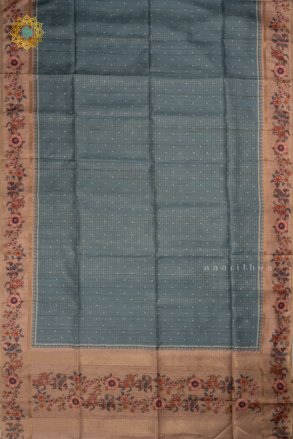 BLUE WITH BEIGE -  SEMI TUSSAR SILK