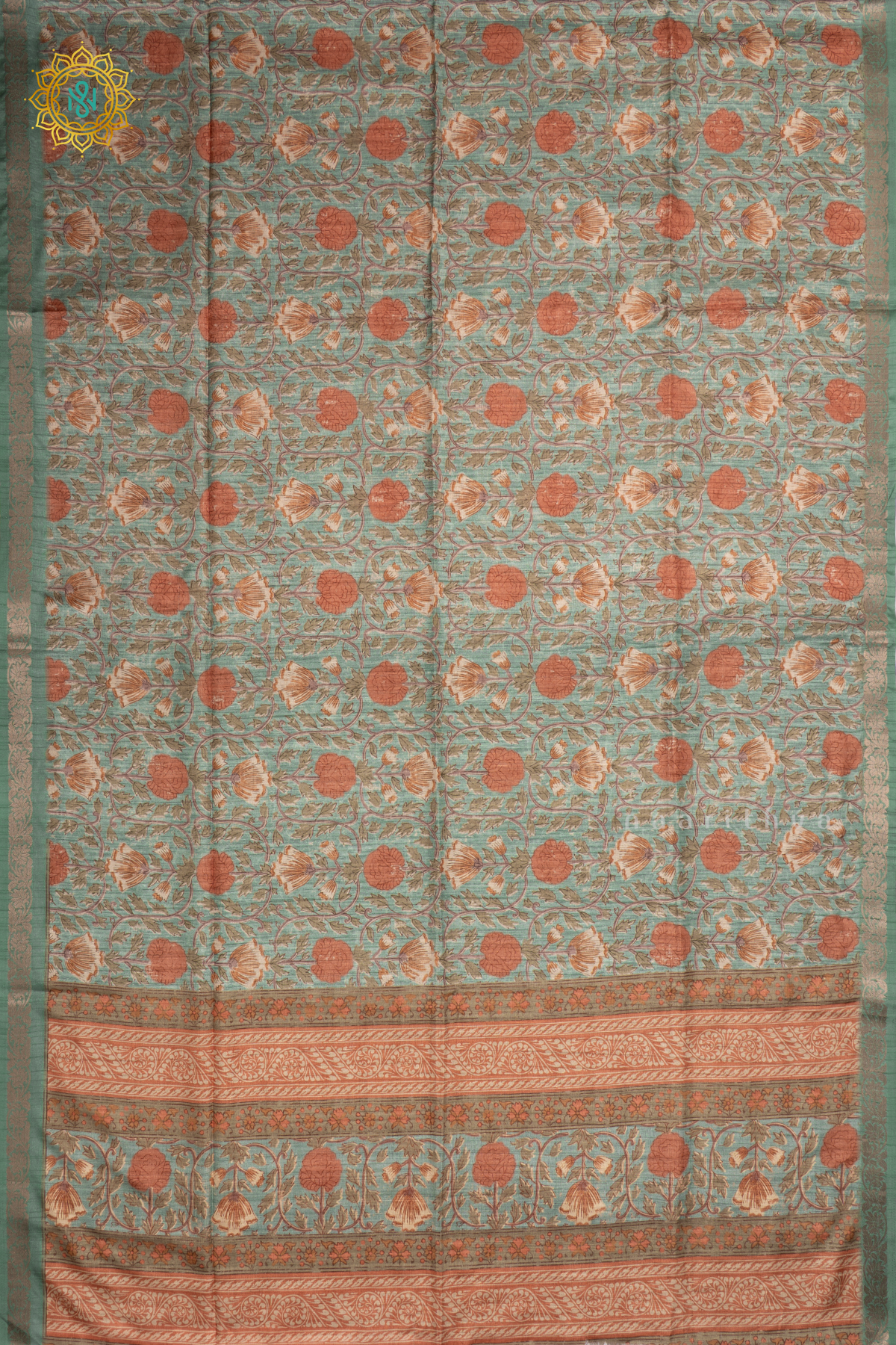 Aqua Green Semi Tussar Silk Saree With Printed Body And Zari Border