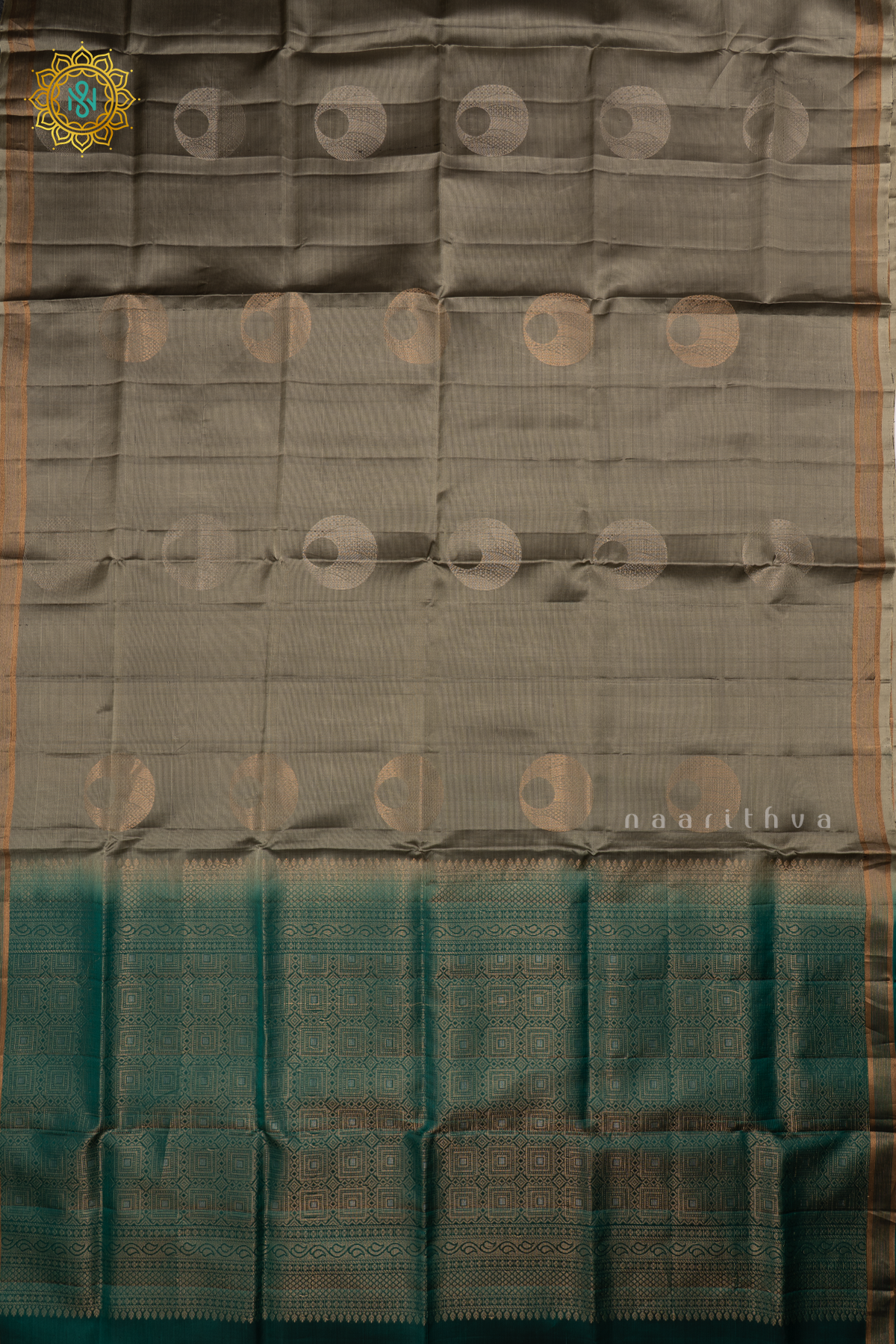 Sage Green with Aqua Blue Pure Mix Kanjivaram Soft Silk Saree with All-Over Zari Buttas and a Contrast Zari Border