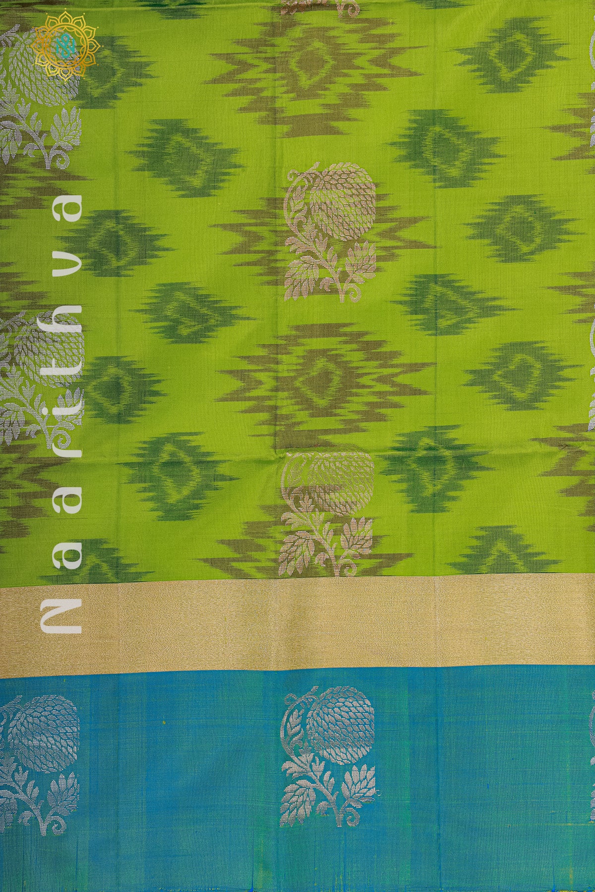 PARROT GREEN WITH BLUE - PURE IKAT SOFT SILK