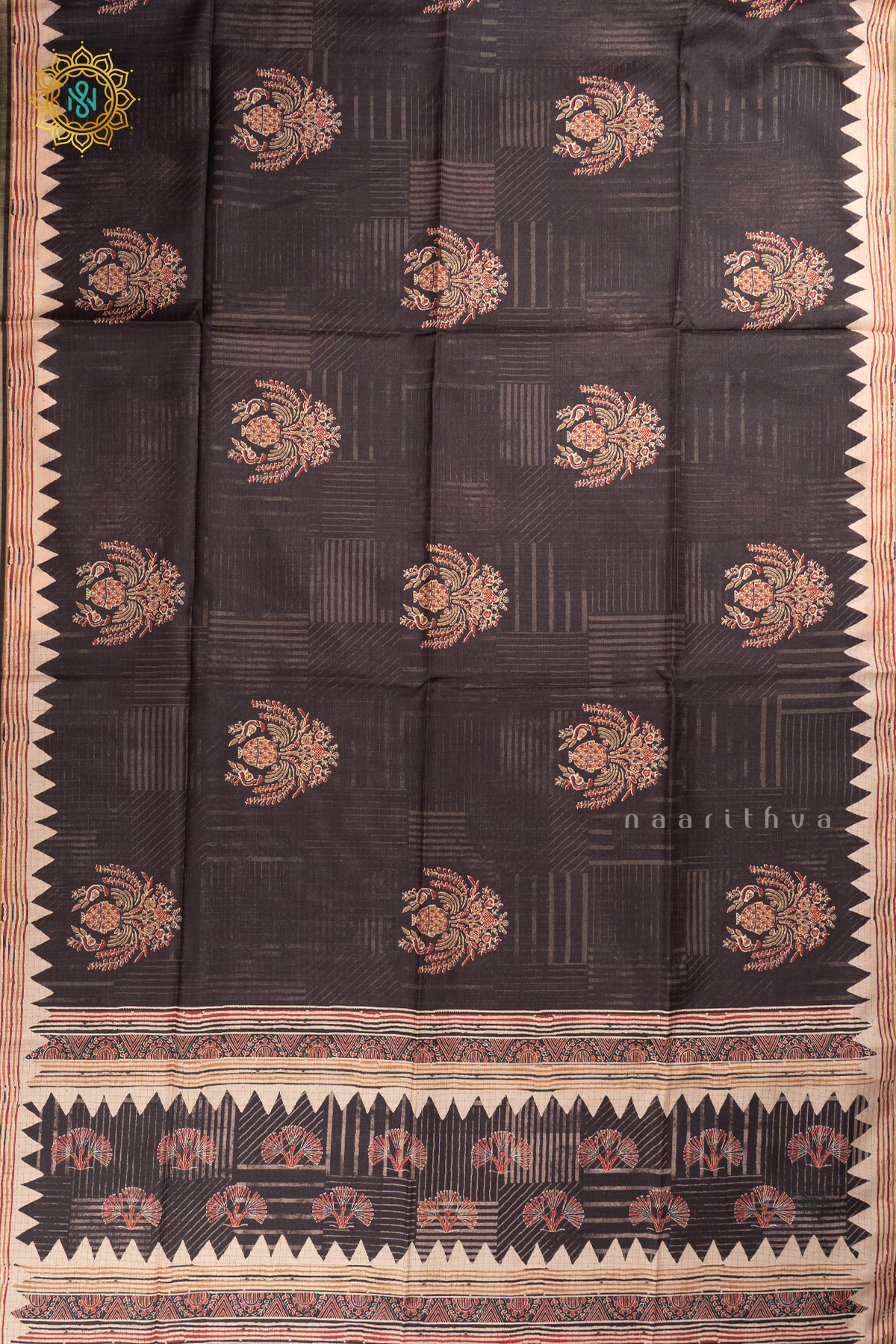 BLACK WITH OFF WHITE - SEMI TUSSAR SILK
