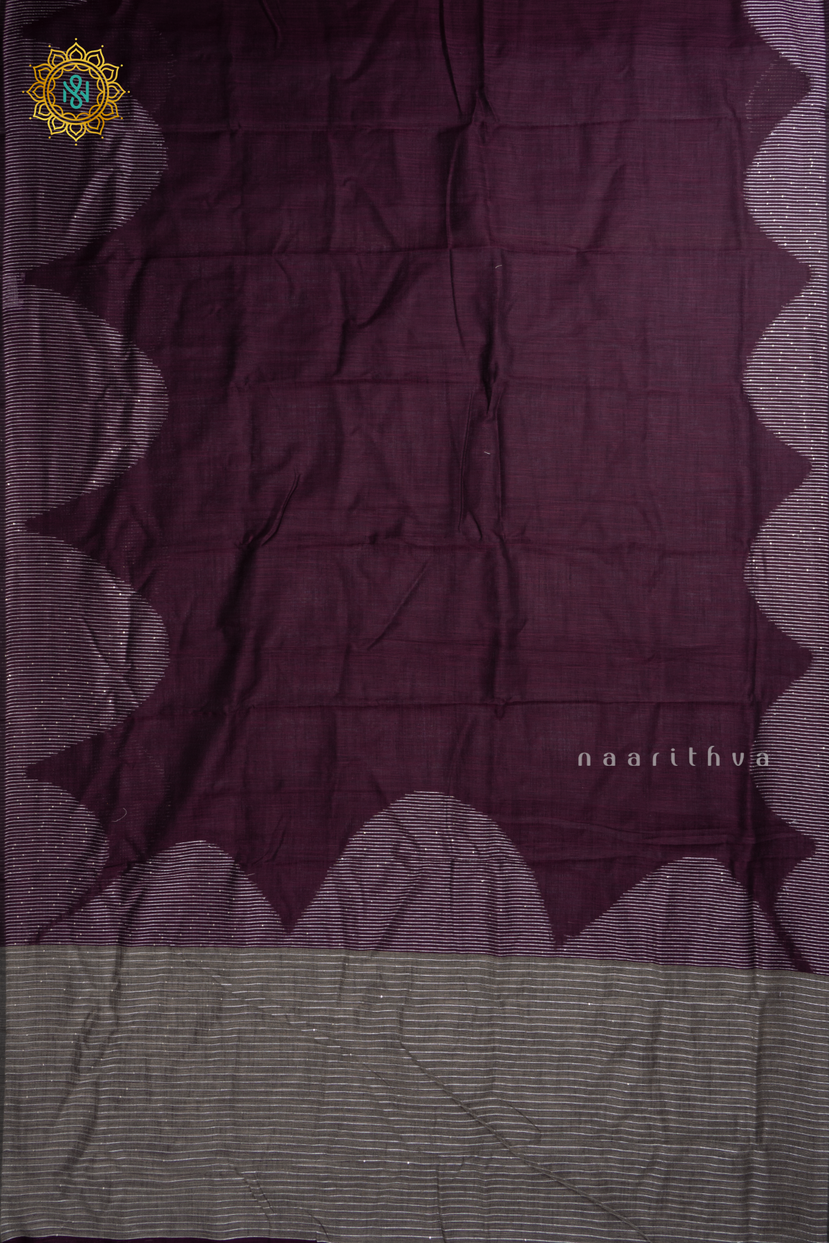 Deep Wine With Grey Linen By Cotton Saree With Contrast Pallu & Blouse