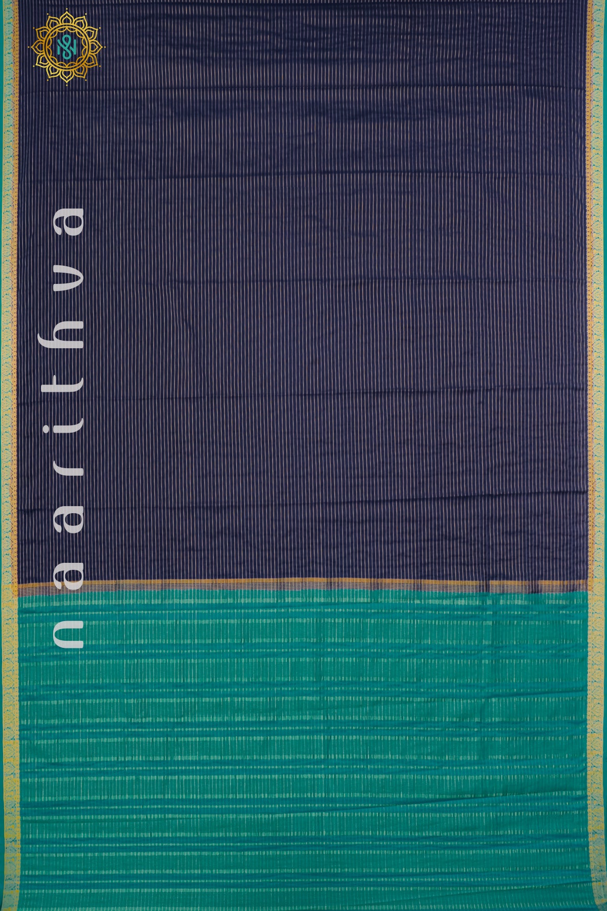 NAVY BLUE WITH CYAN GREEN - SEMI MYSORE CREPE SILK