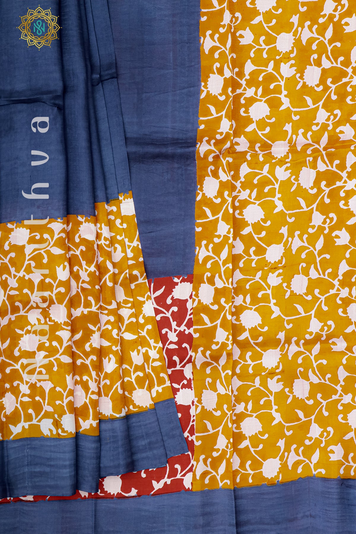 BLUE WITH YELLOW & RED - PURE MULBERRY SILK WITH BLOCK PRINT