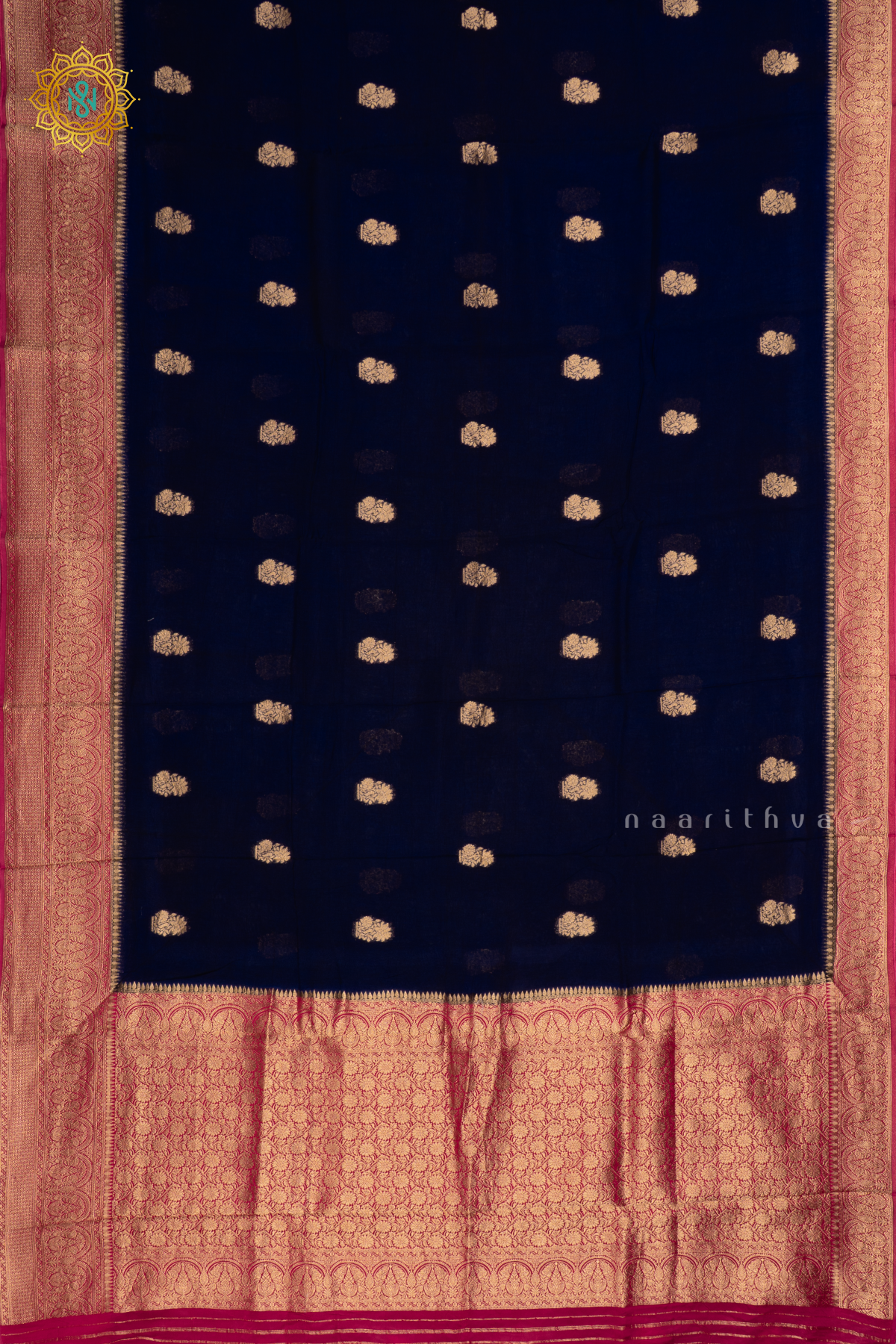 Navy Blue with Pink Pure-Mix Banarasi Crepe Saree with All-Over Zari Buttas and a Contrast Zari Border