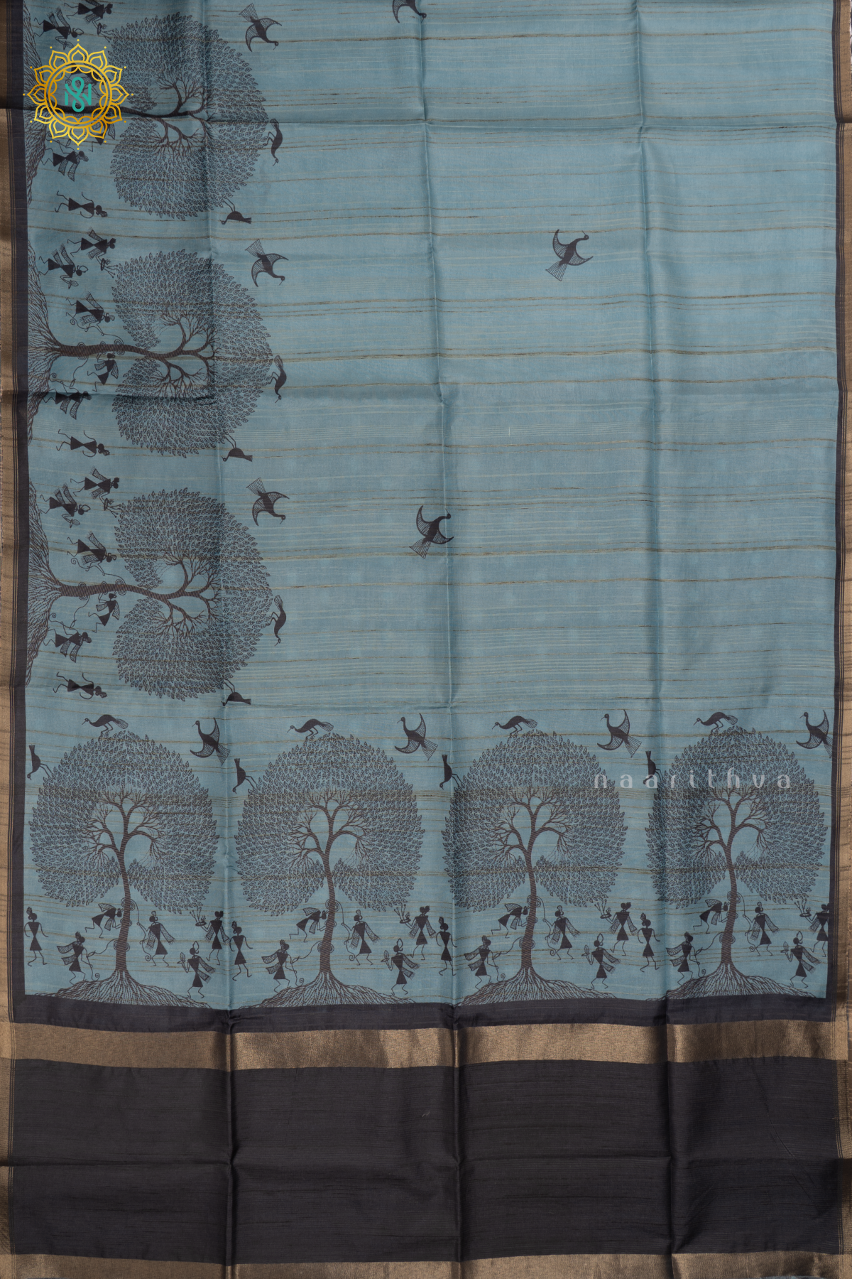 Blue Semi Tussar Silk Saree With Printed Body And Contrast Border