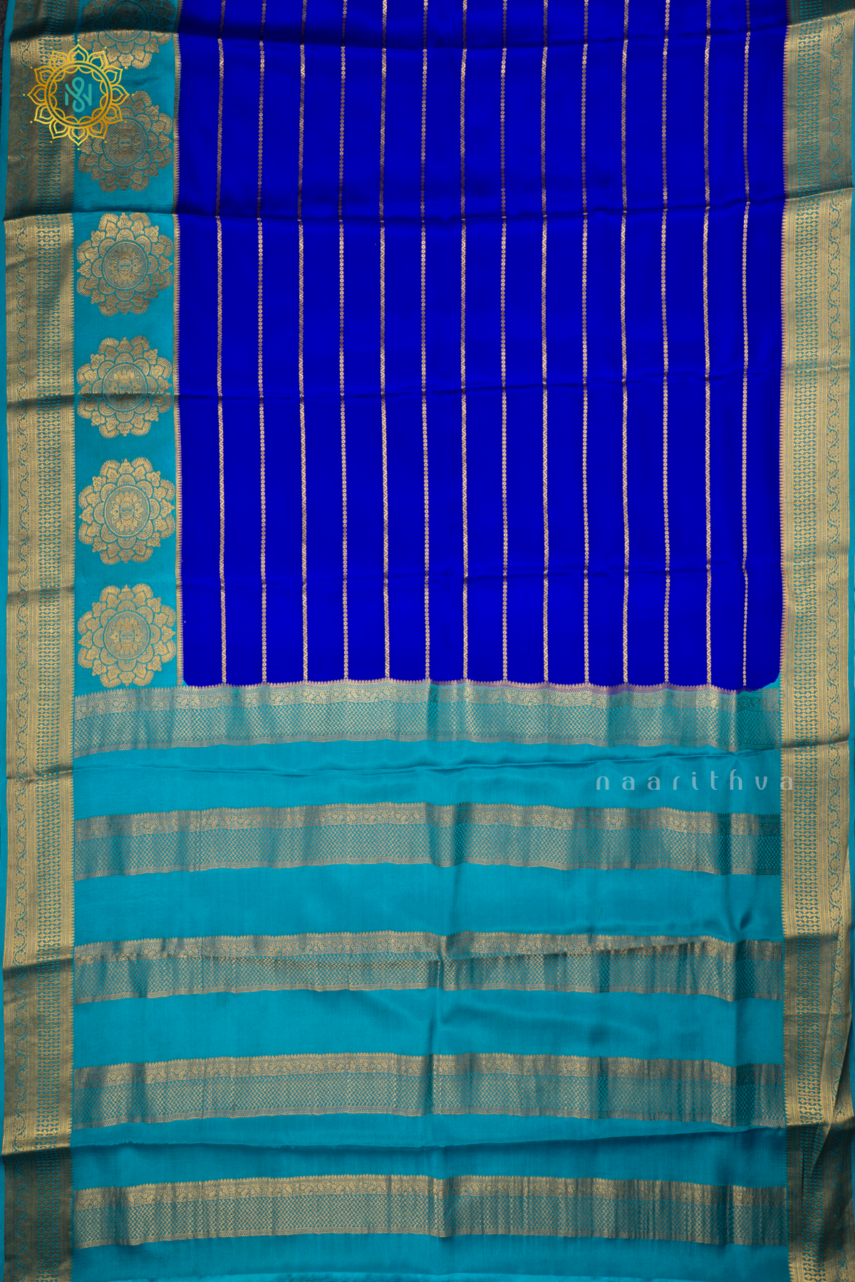 ROYAL BLUE WITH SKY BLUE - PURE MYSORE CREPE SILK