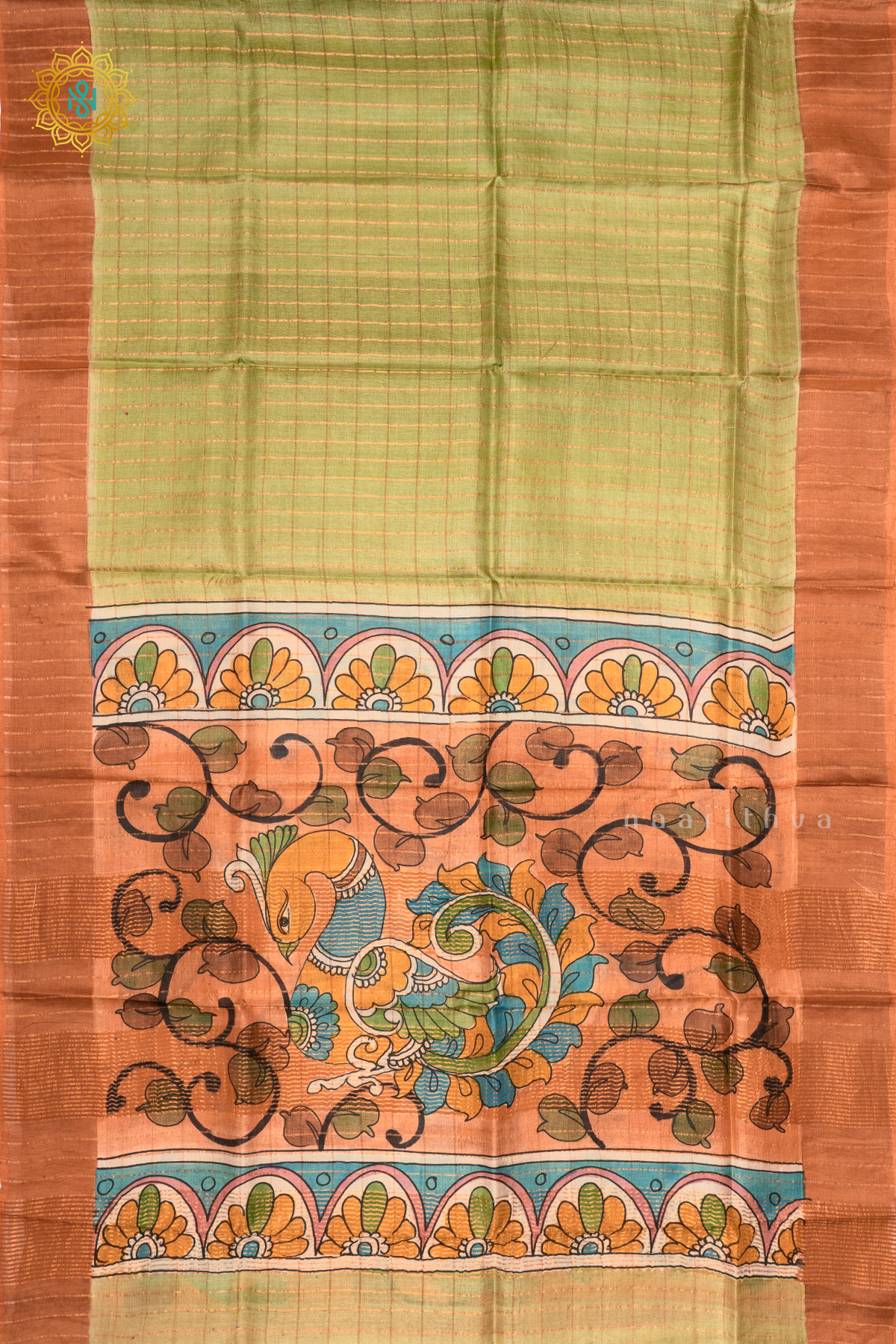 SAGE GREEN WITH PEACH - PURE TUSSAR SILK