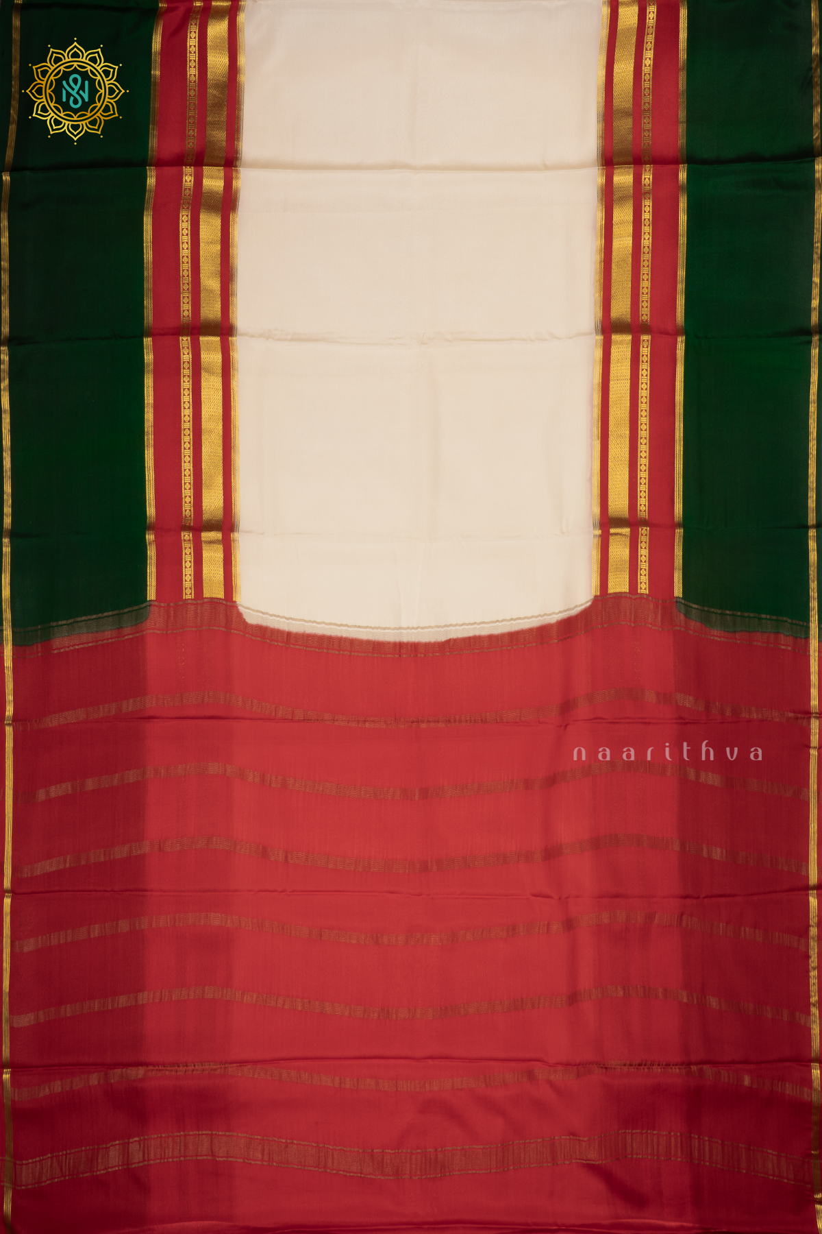 WHITE WITH RED AND GREEN - PURE MYSORE CREPE SILK