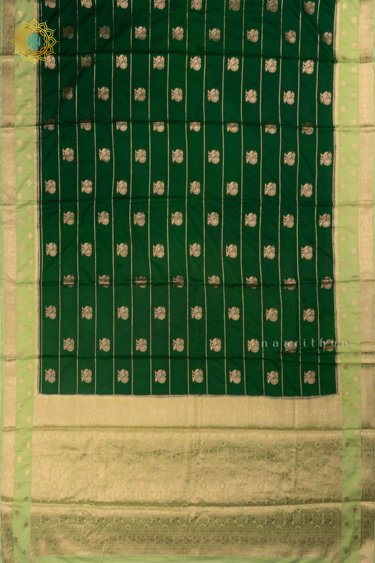 Bottle Green with Light Green Semi Mysore Crepe Silk Saree with All-Over Zari Stripes and Zari Buttas on the Body and a Contrast Zari Border
