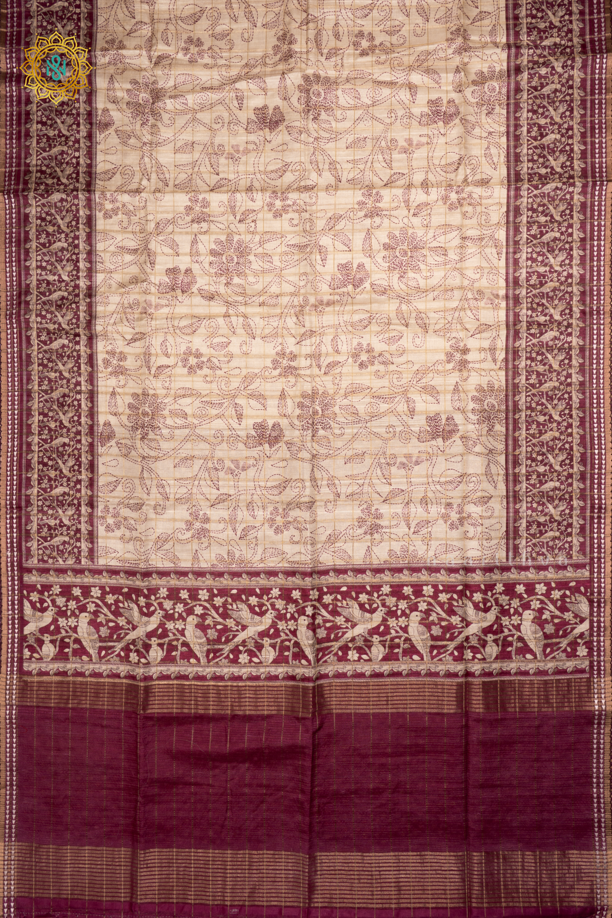 Off White With Magenta Semi Tussar Silk Saree Allover Printed And Zari Striped Body With Thread Woven Tissue Border