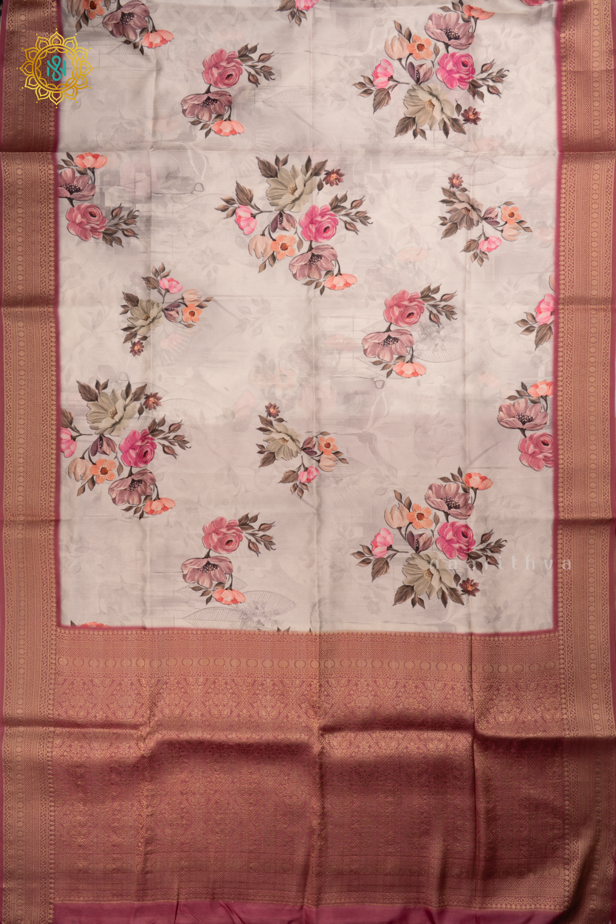 White with Rouge Pink Semi Crepe Silk Saree with Printed Body, Zari Border, and Zari Pallu