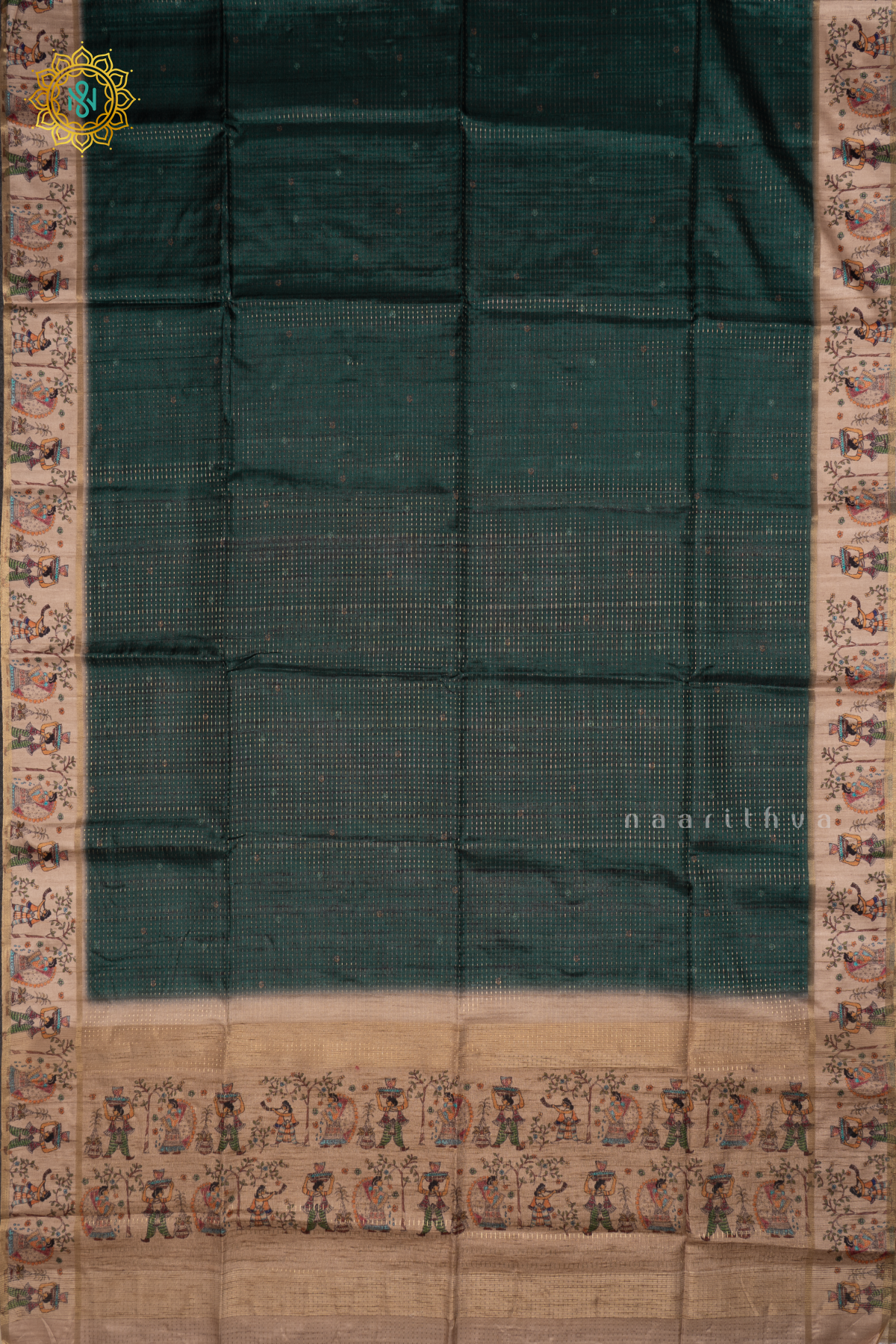 Bottle Green Semi Tussar Silk Saree With Zari Stripes And Printed Border