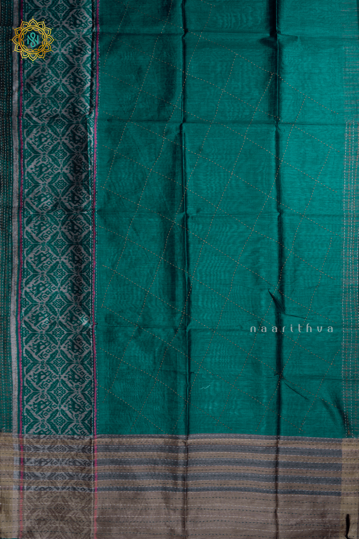 Aqua Green Semi Tussar Silk Saree With Ikkat Print Border