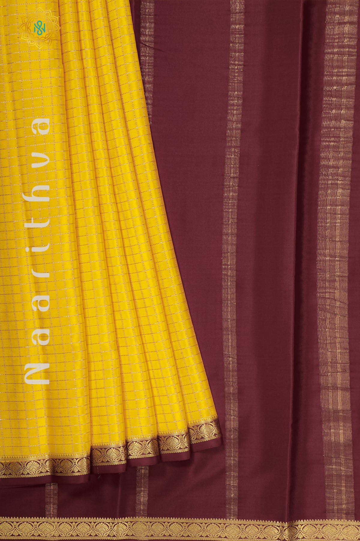 YELLOW WITH MAROON - PURE MYSORE CREPE SILK