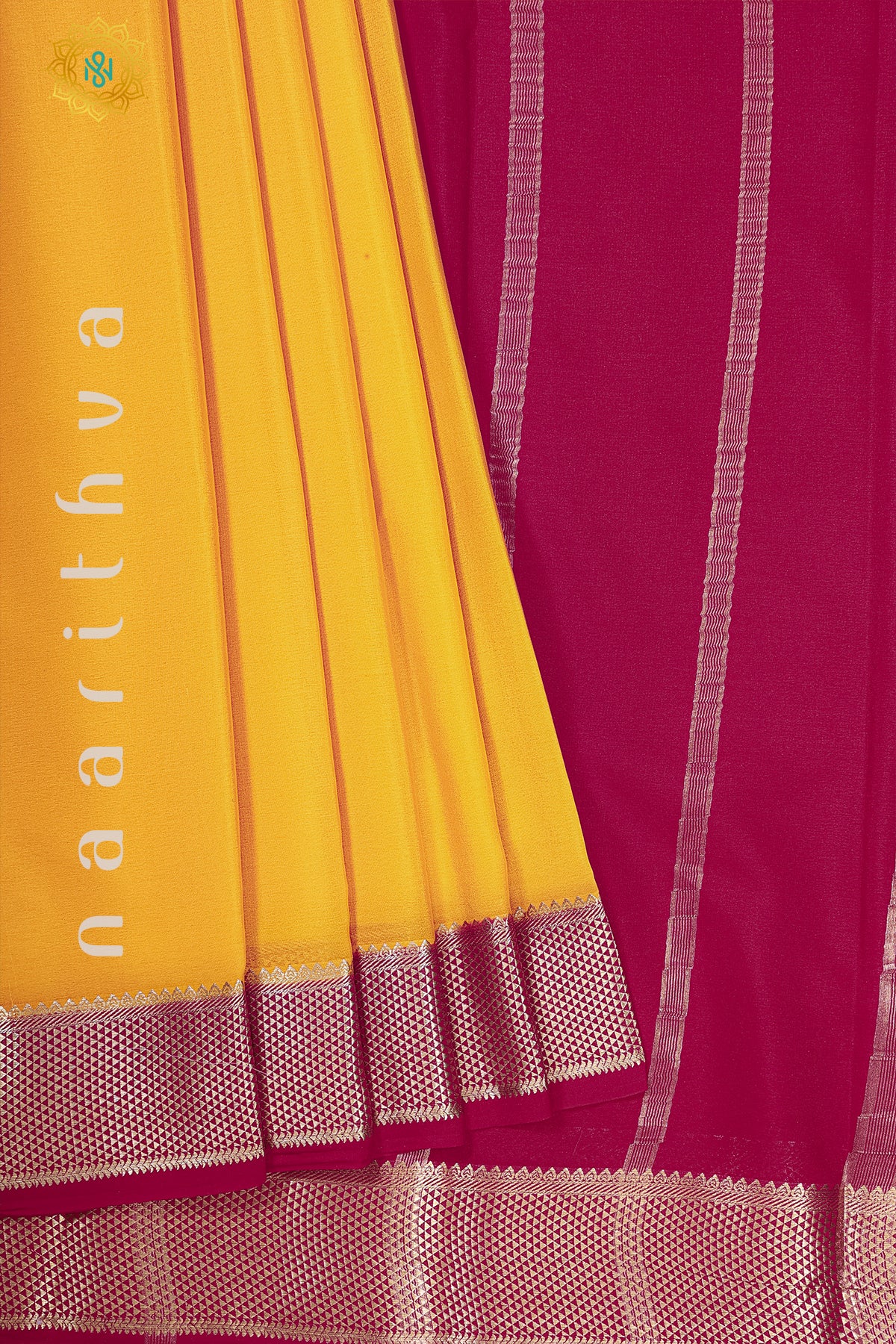 YELLOW WITH PINK - PURE MYSORE CREPE SILK